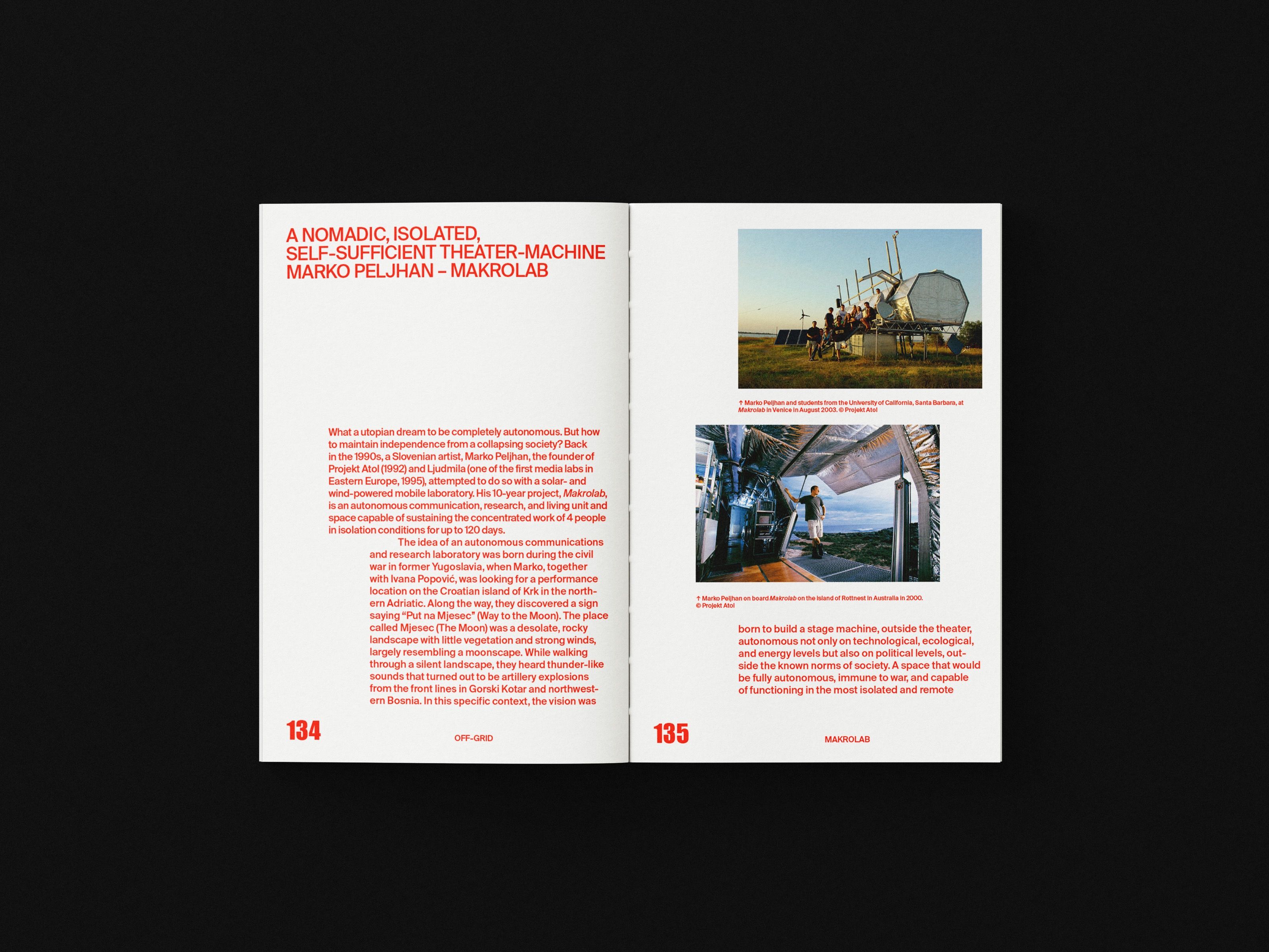 OFF-GRID book spread on Makrolab with photos of the structure