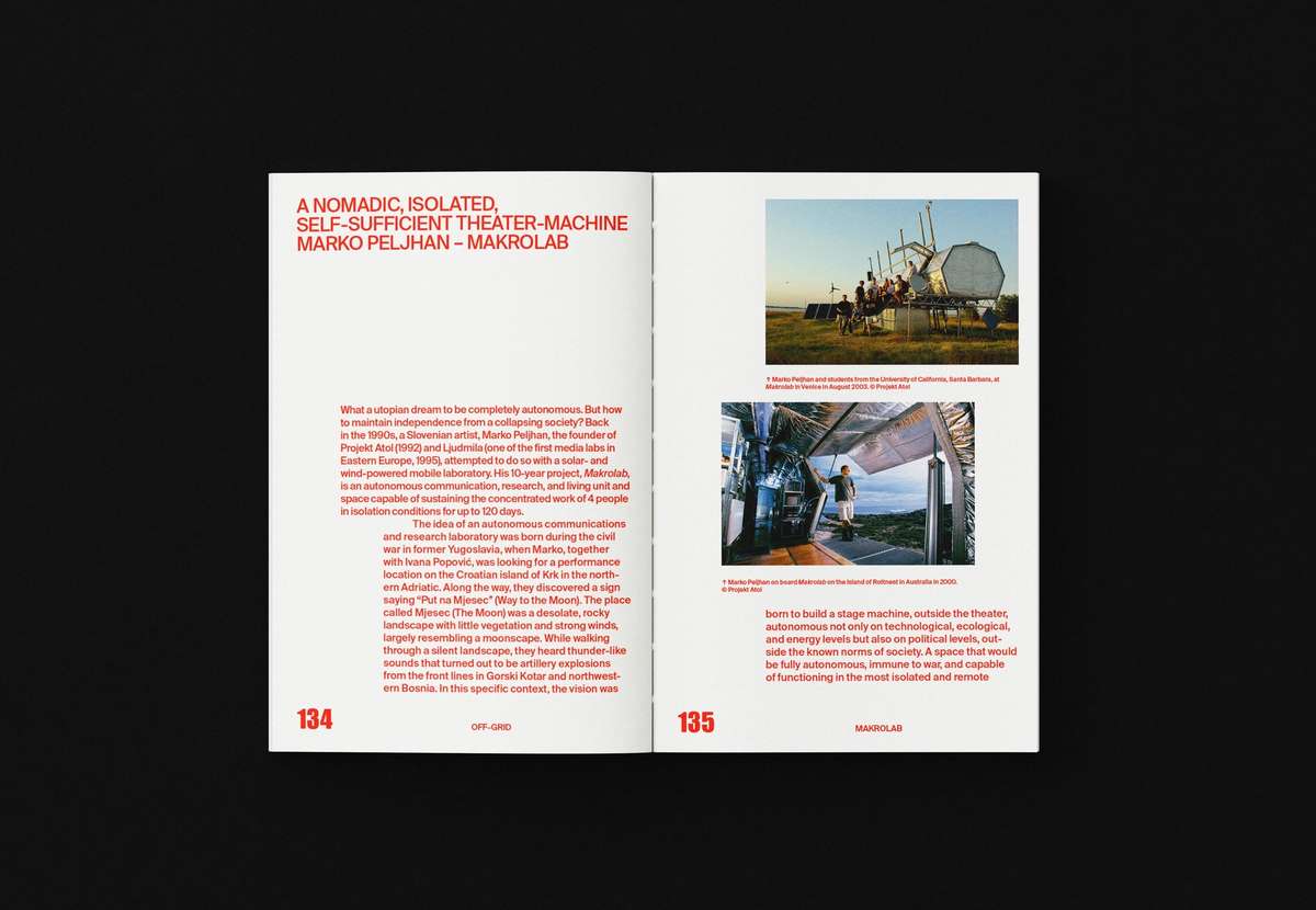OFF-GRID book spread on Makrolab with photos of the structure