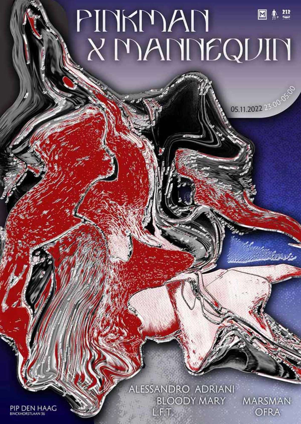Pinkman x Mannequin poster with red and silver marbled texture, The Hague