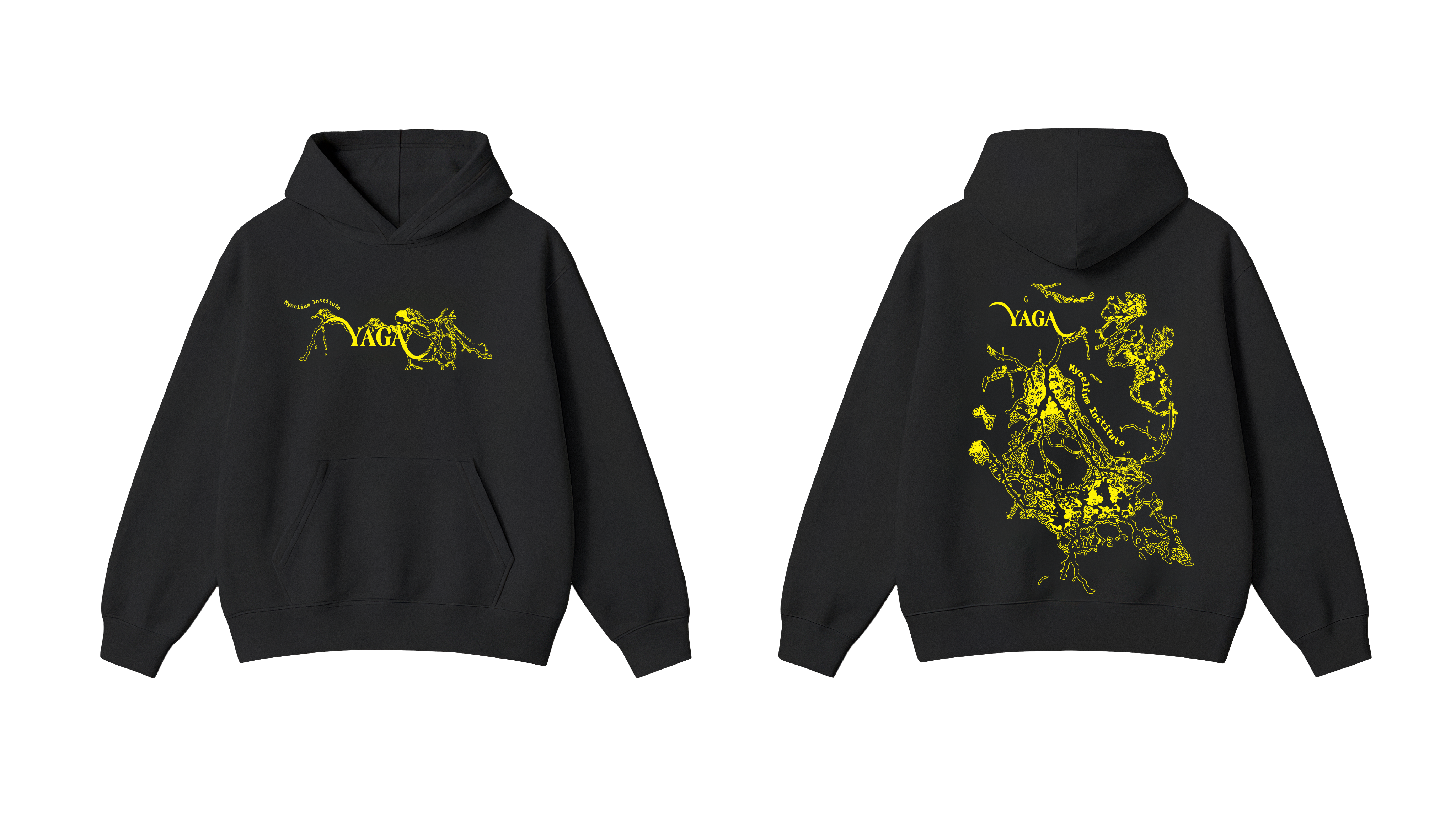 Black YAGA Gathering hoodie, front and back, printed with yellow mycelium graphics
