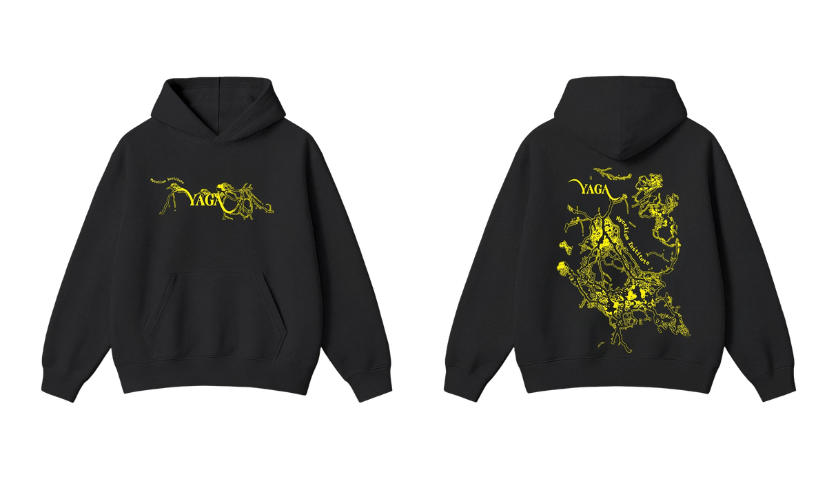 Black YAGA Gathering hoodie, front and back, printed with yellow mycelium graphics