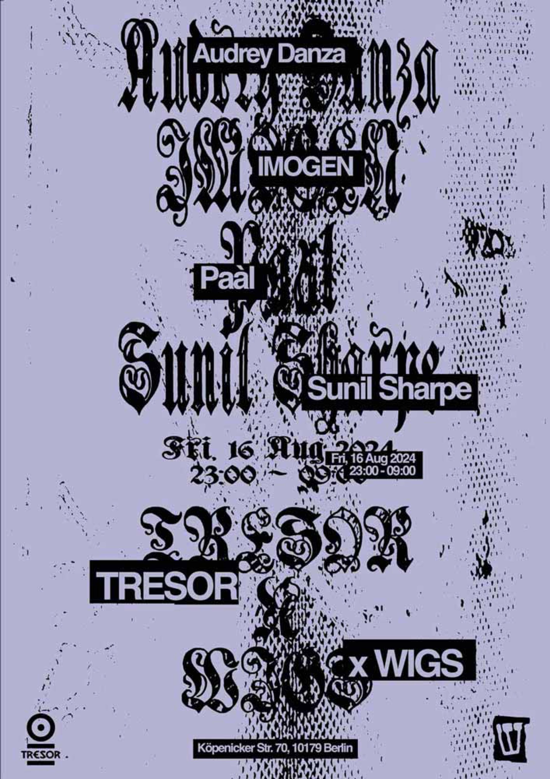 Tresor x Wigs lineup poster in blackletter on lilac, Berlin