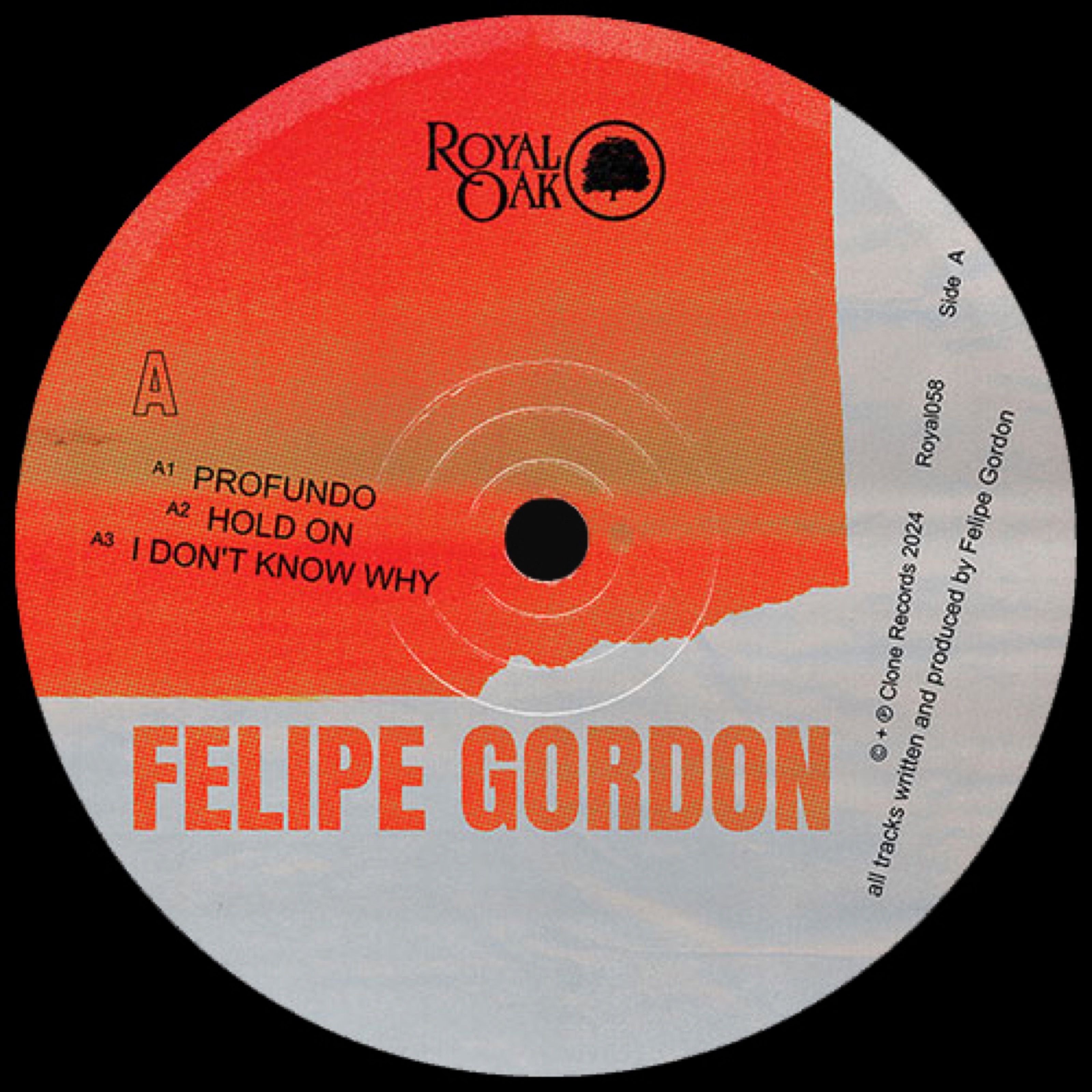 Felipe Gordon Profundo vinyl label side A in orange and grey, Royal Oak