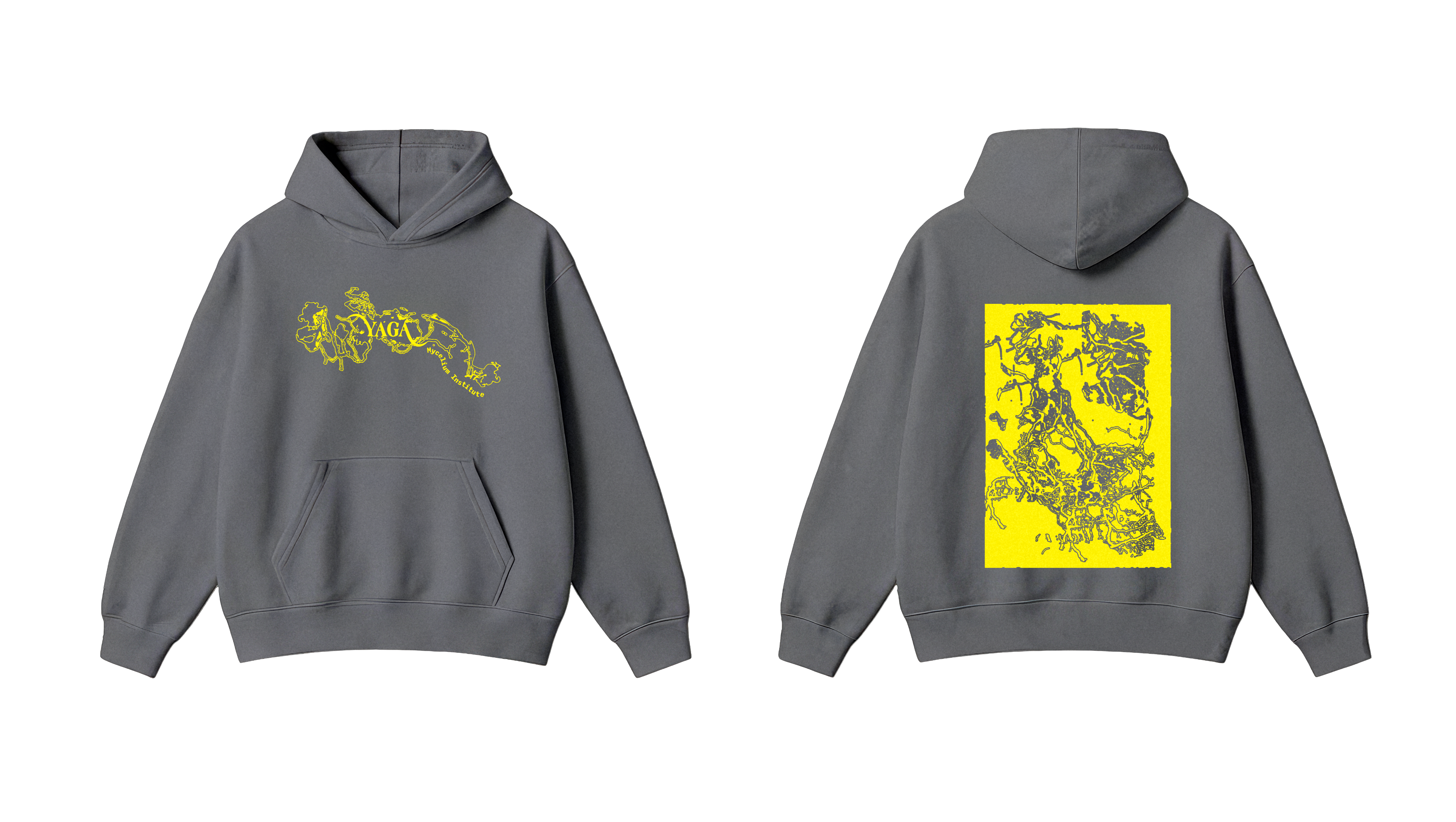 Grey YAGA hoodie, front and back, with yellow mycelium graphics