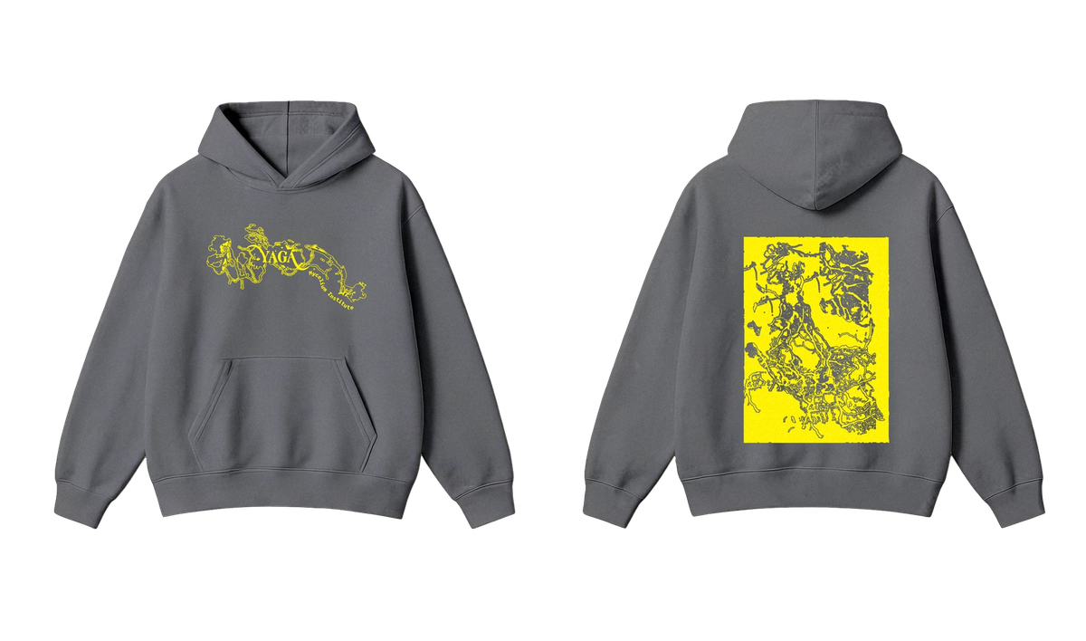 Grey YAGA hoodie, front and back, with yellow mycelium graphics