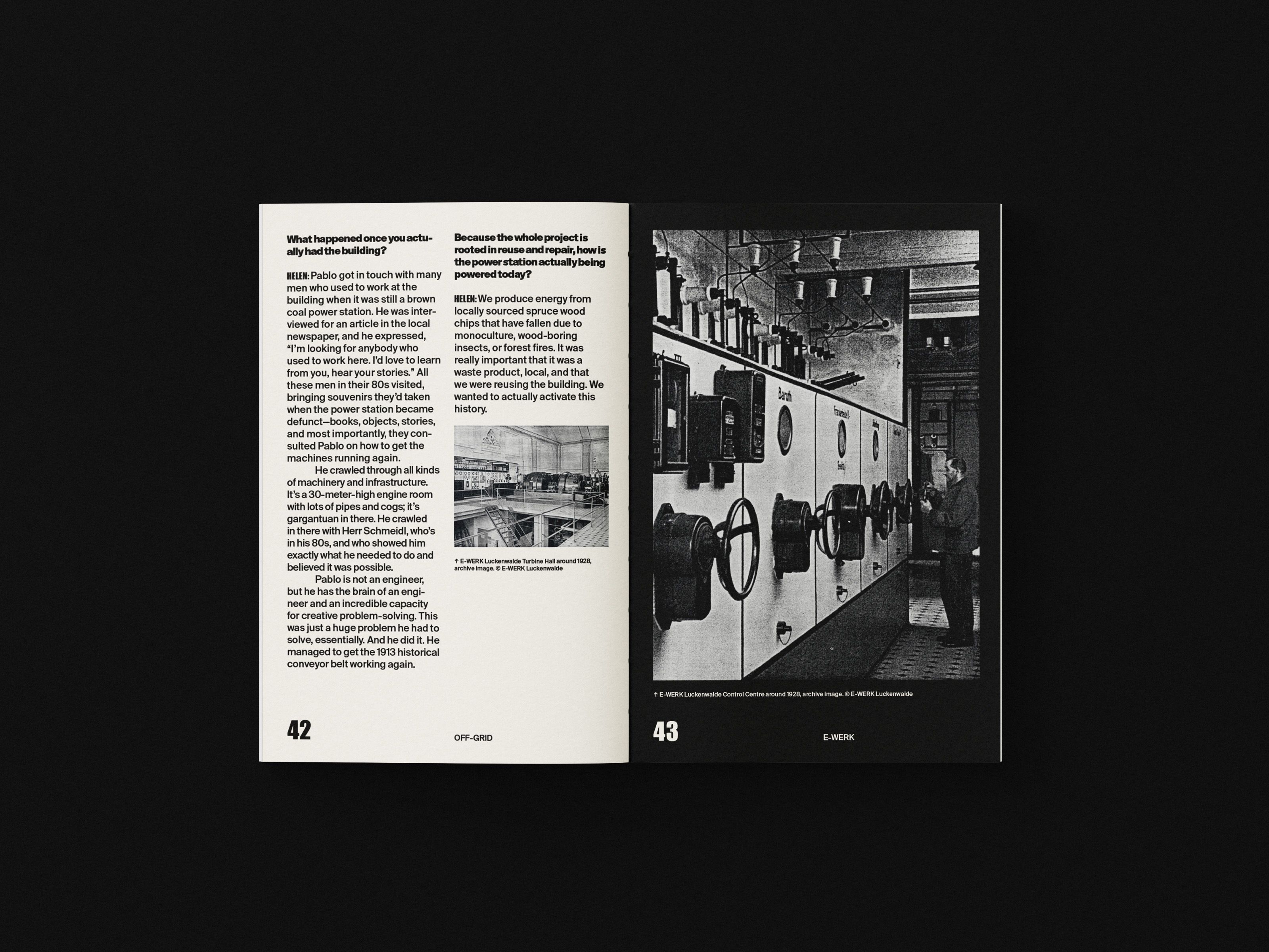 OFF-GRID book spread with interview text and an archival machine photo