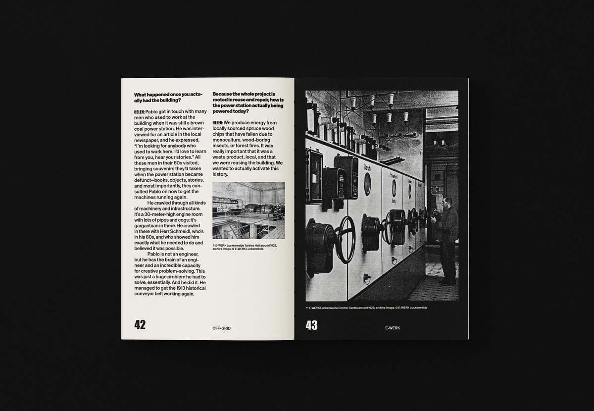 OFF-GRID book spread with interview text and an archival machine photo