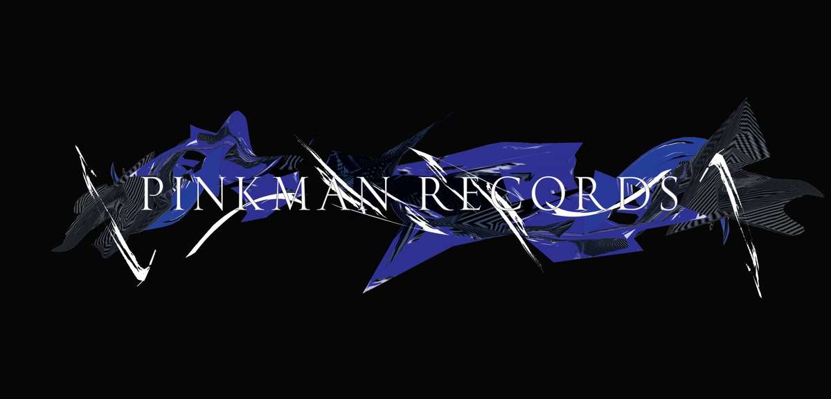 Pinkman Records wordmark with blue brushstroke graphics on black
