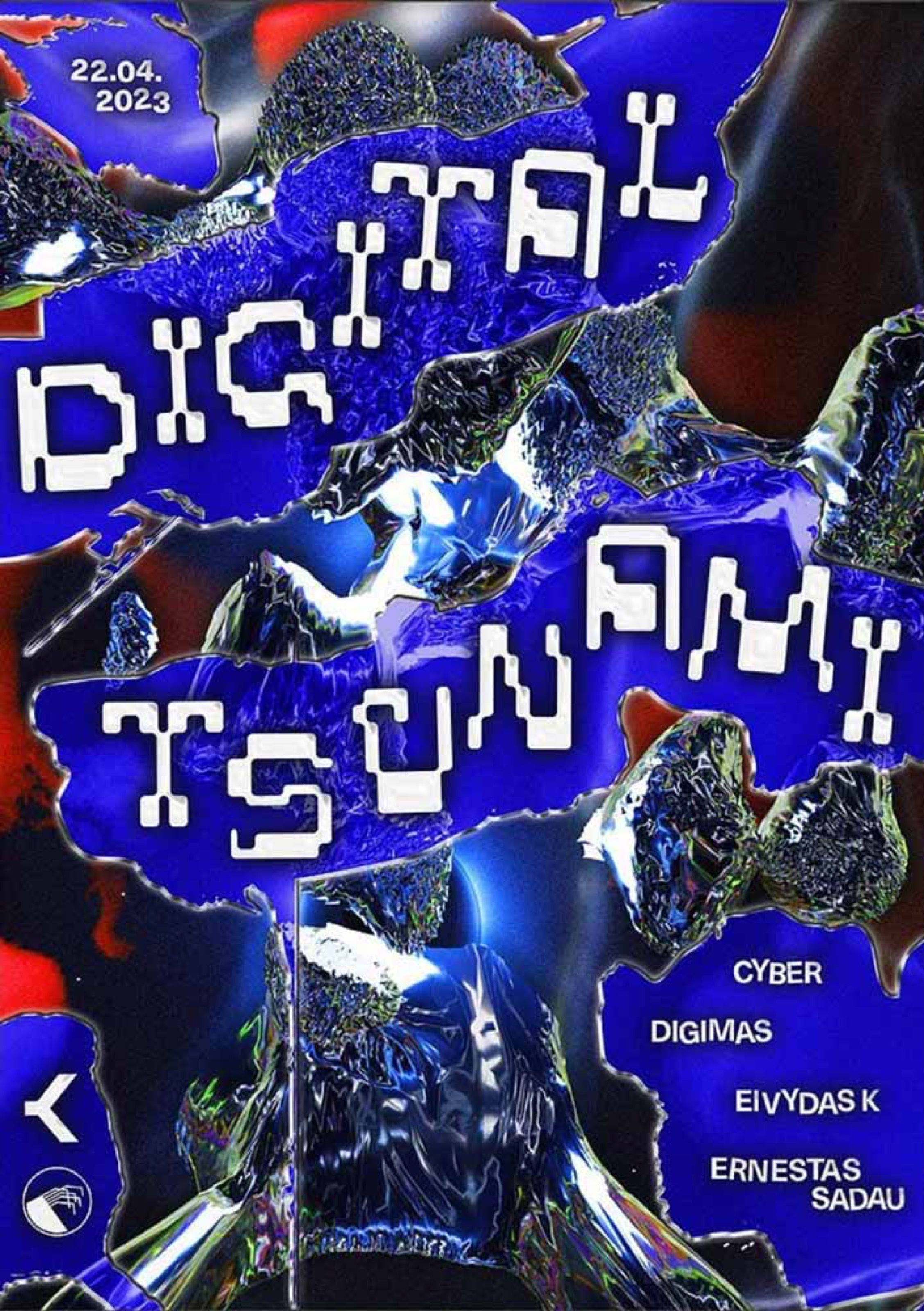 Digital Tsunami poster with pixel lettering over a blue liquid texture