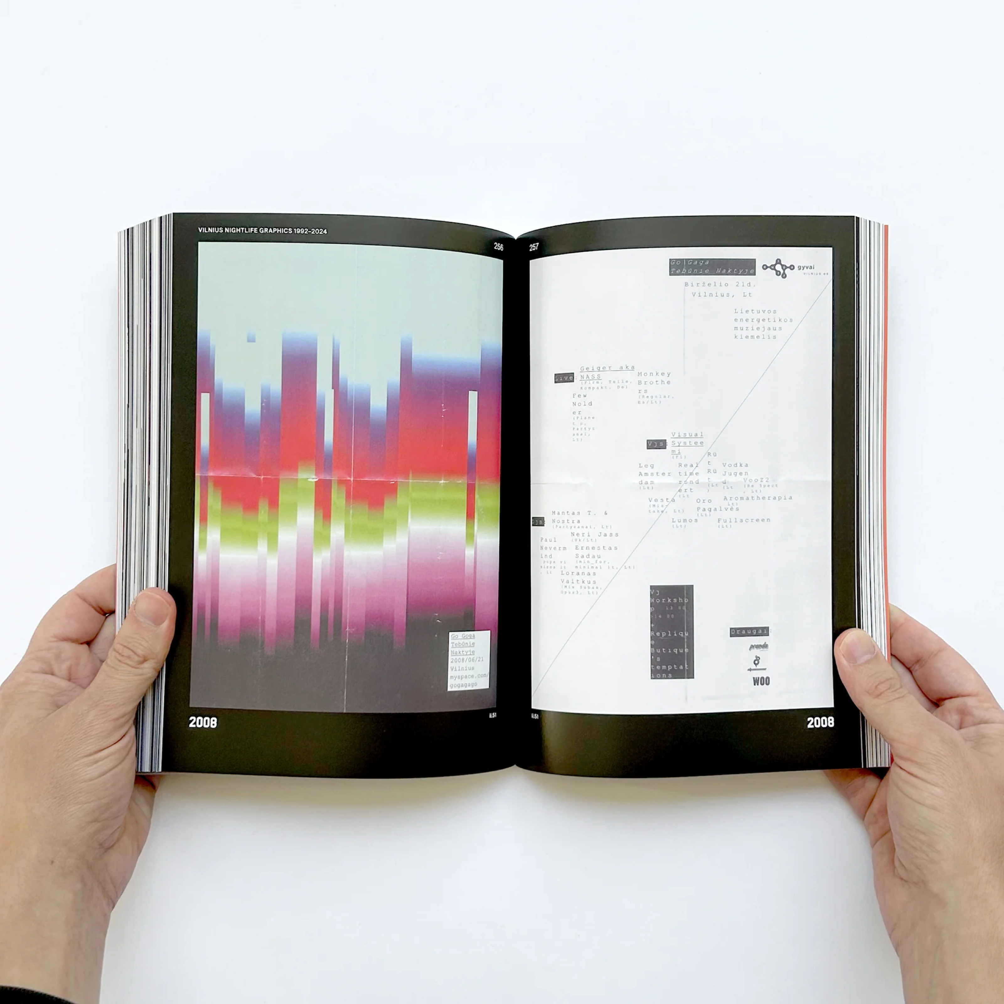 Vilnius Nightlife Graphics spread with a colourful glitch flyer