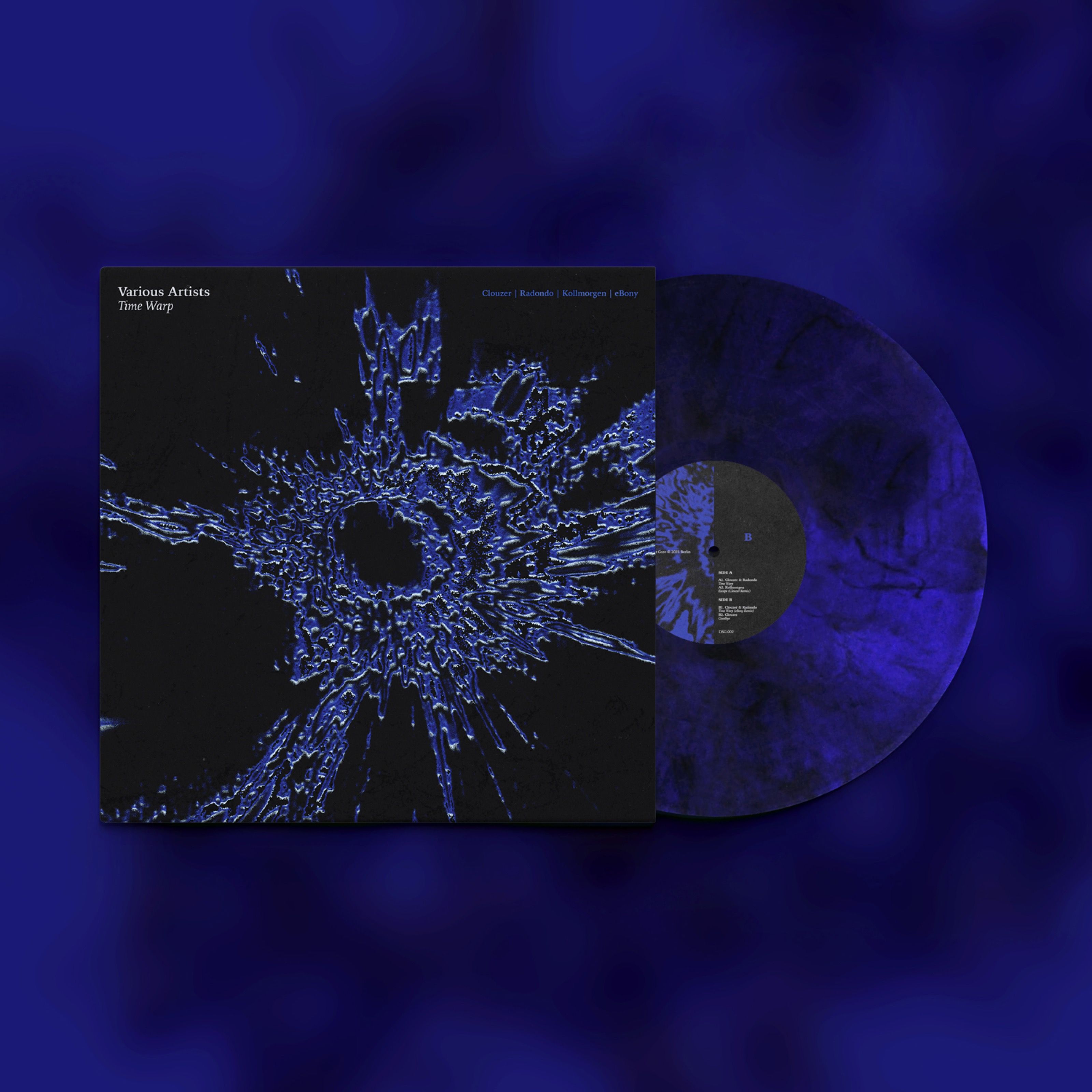 Time Warp vinyl sleeve and record on a blue cloudy background