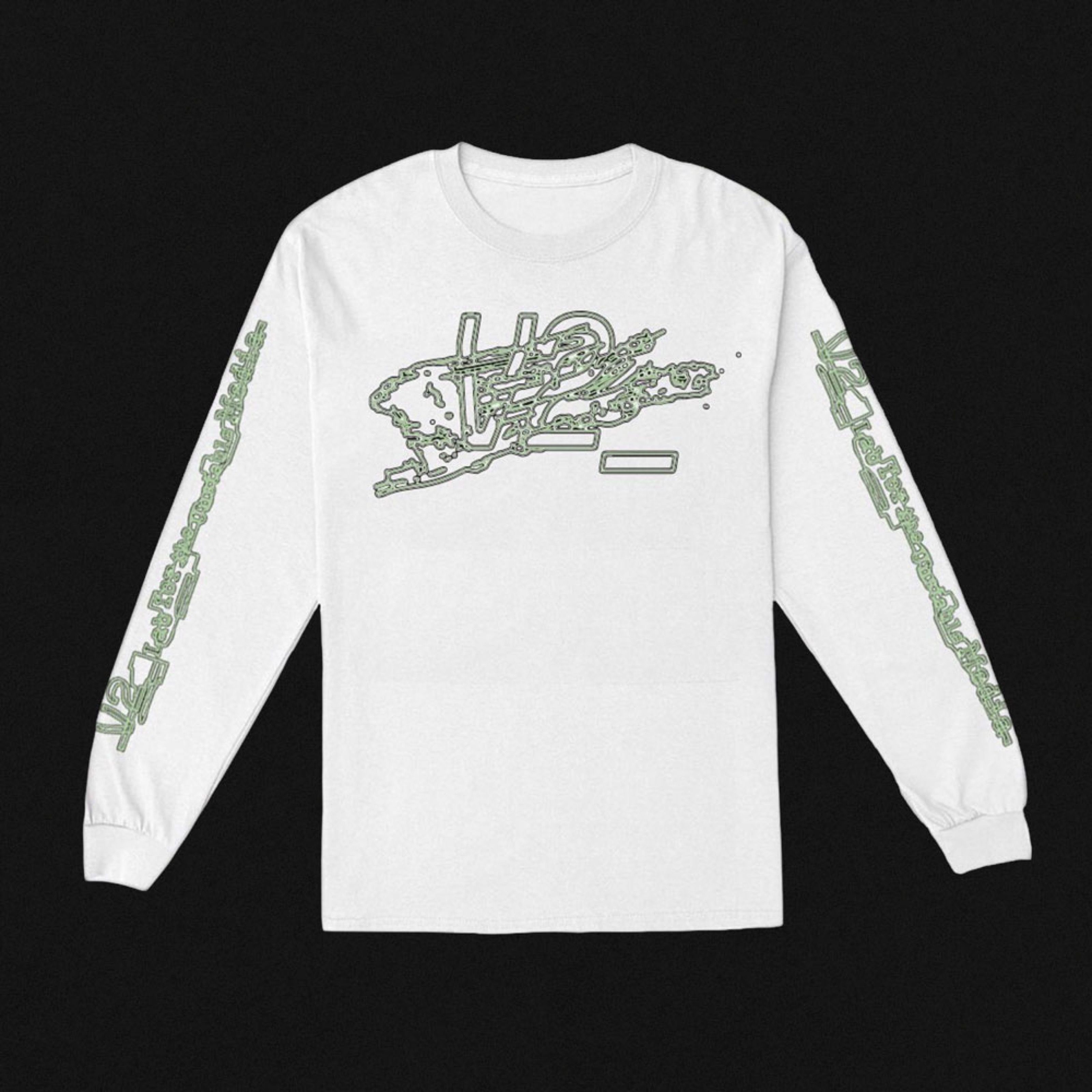 White V2_ long-sleeve shirt with green outlined graphics