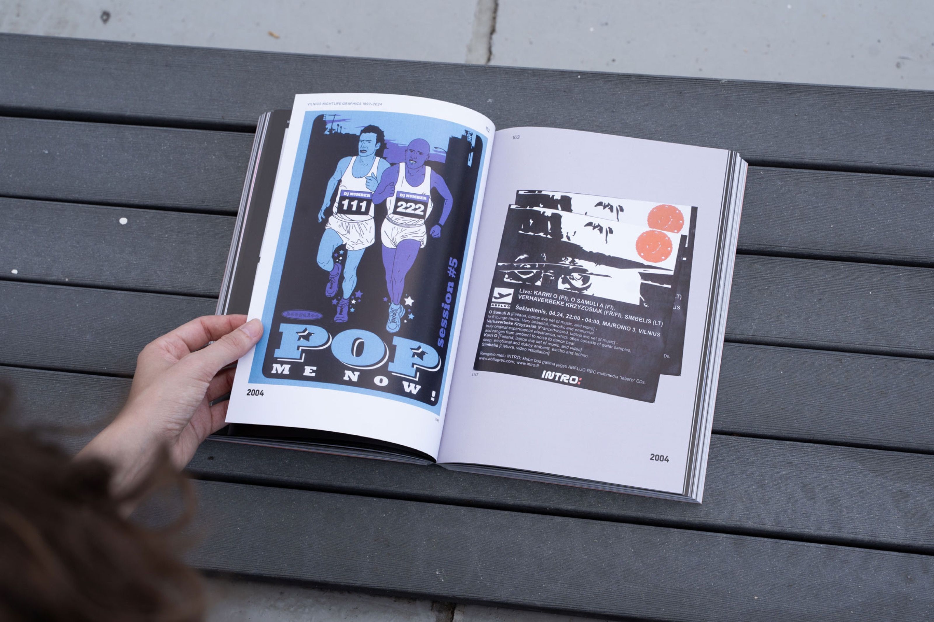 Open Vilnius Nightlife Graphics book showing a Pop flyer on a bench