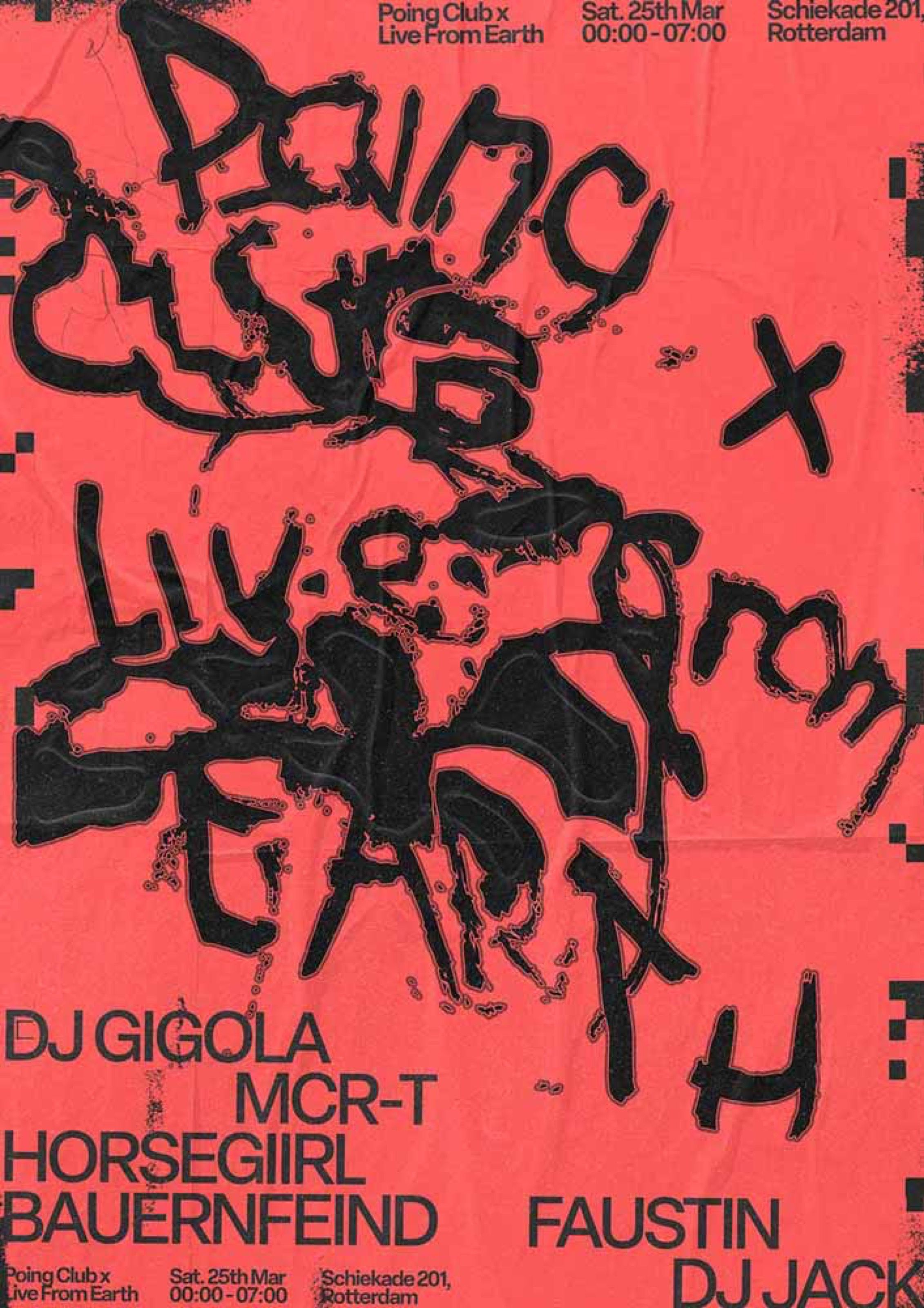 Red Paing Club x Live From Earth club poster with black scrawled lettering, Rotterdam