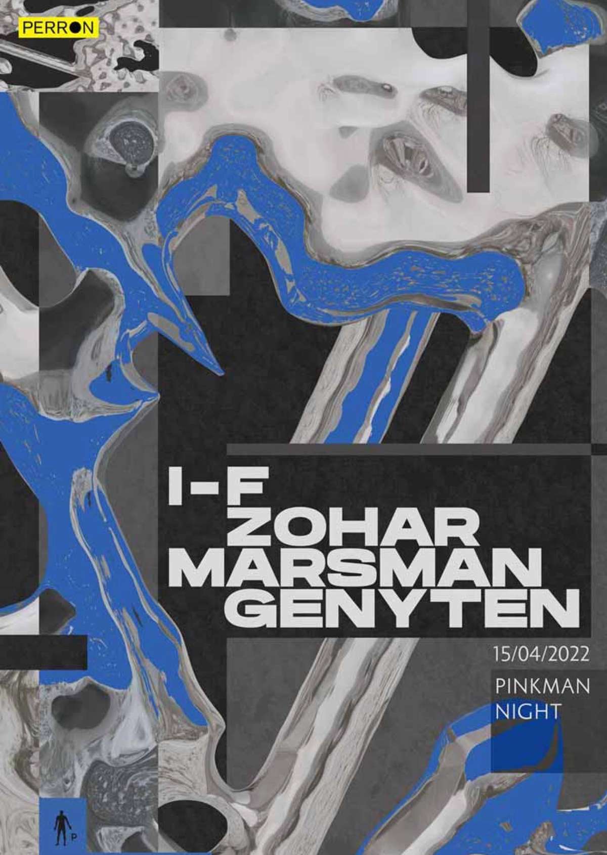 Pinkman Night poster with blue and grey abstract shapes, Perron