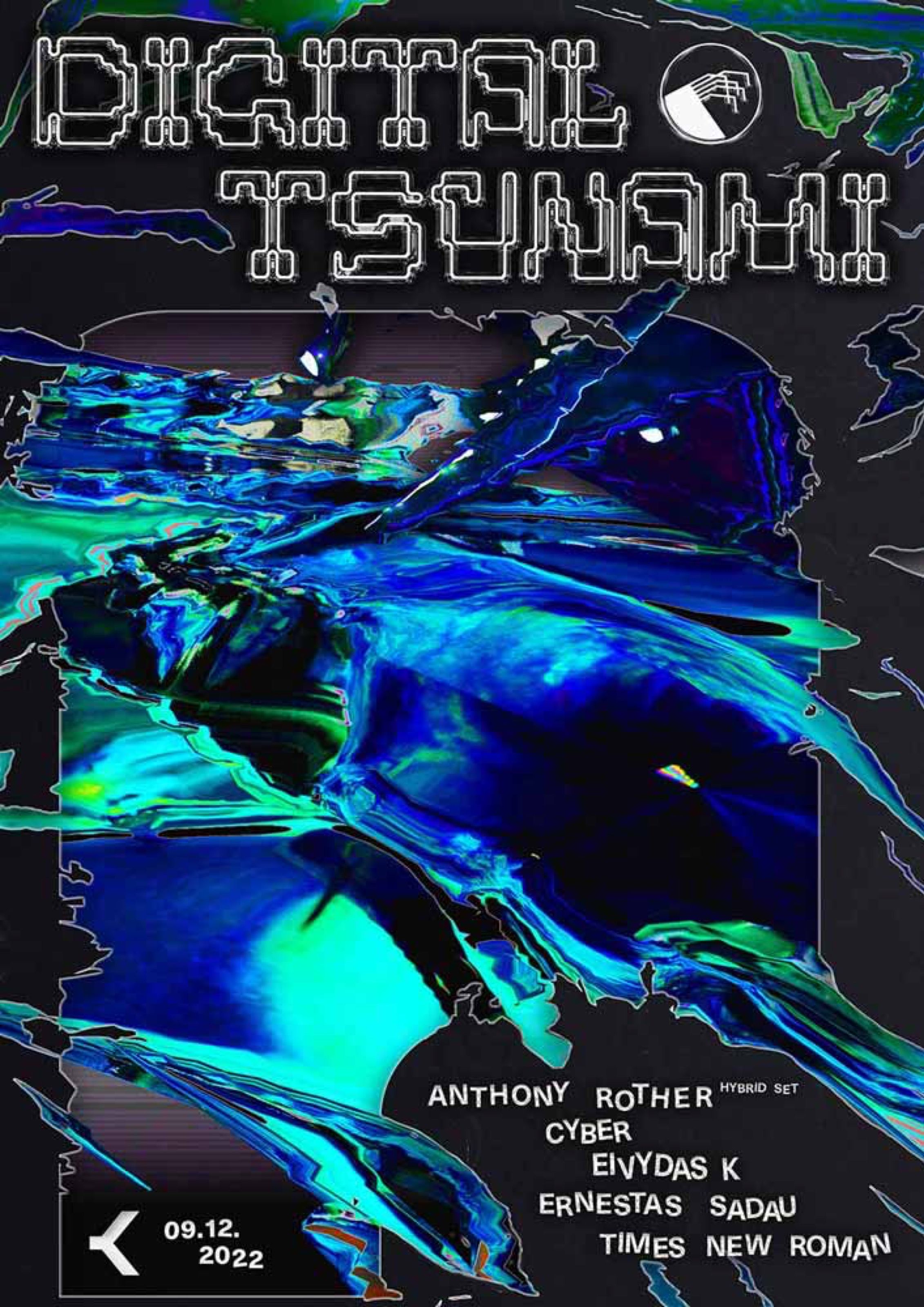 Digital Tsunami poster with a blue and cyan liquid texture