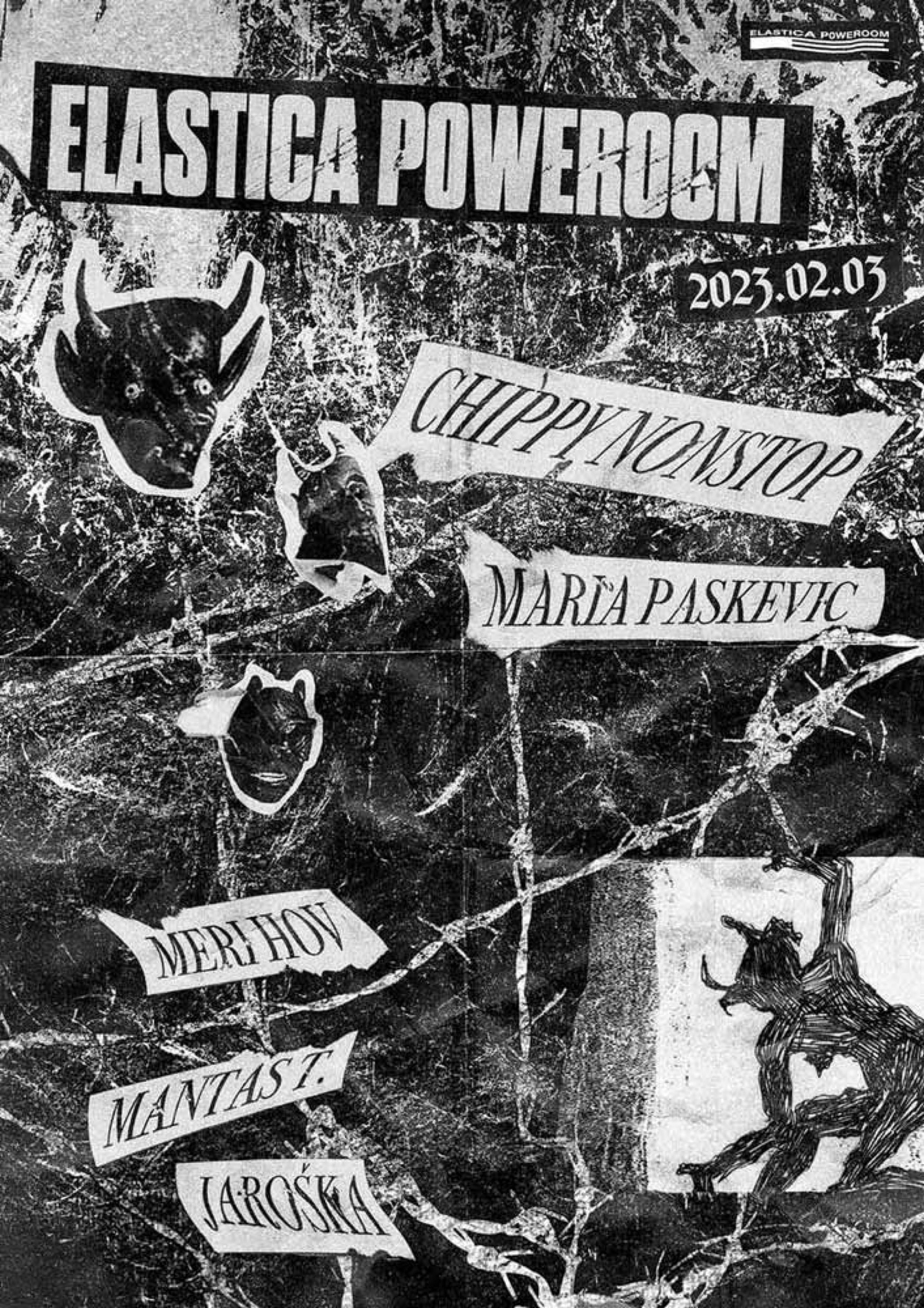 Black-and-white Elastica Poweroom poster with marble texture and torn-label lineup