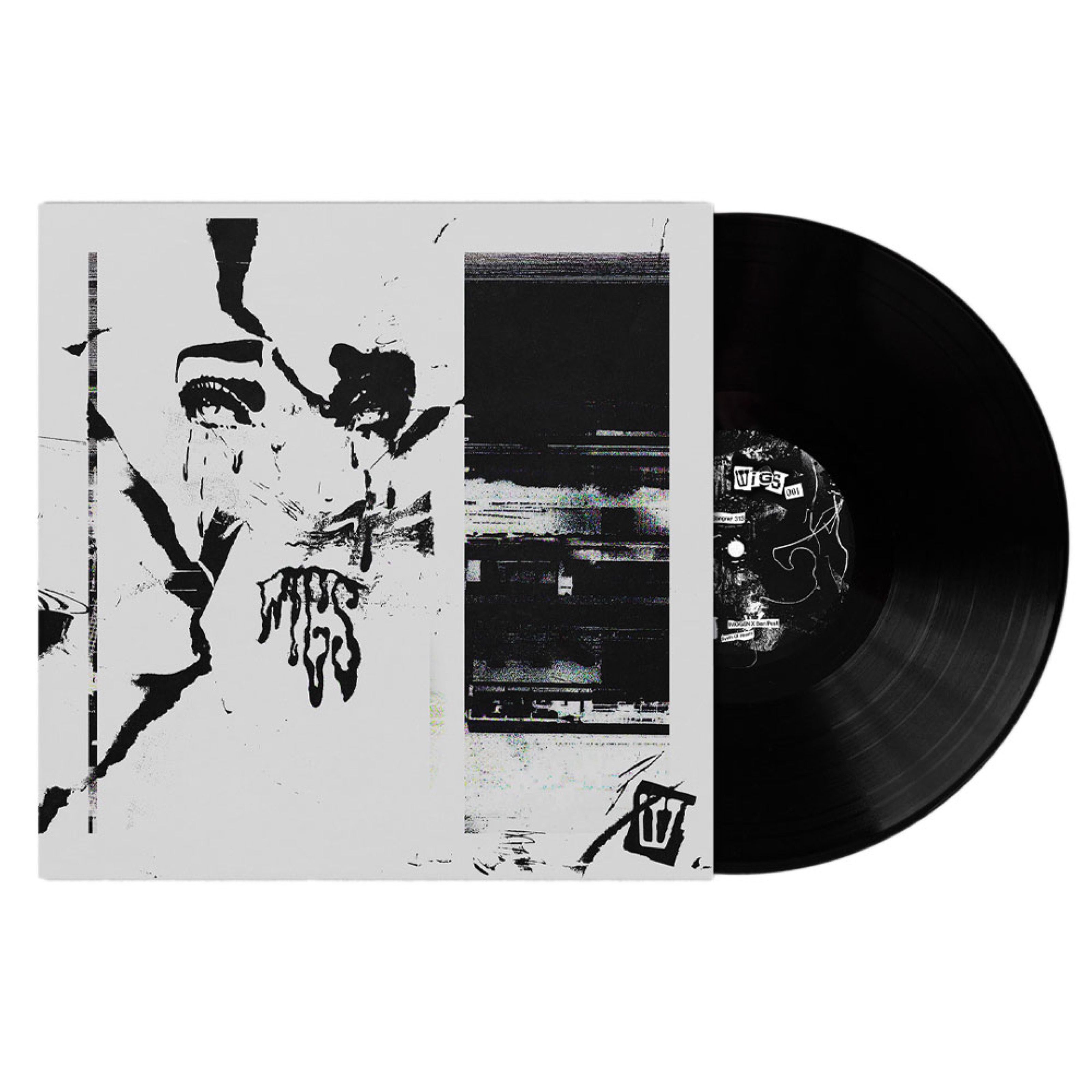 Wigs vinyl sleeve with black-and-white collage and a black record
