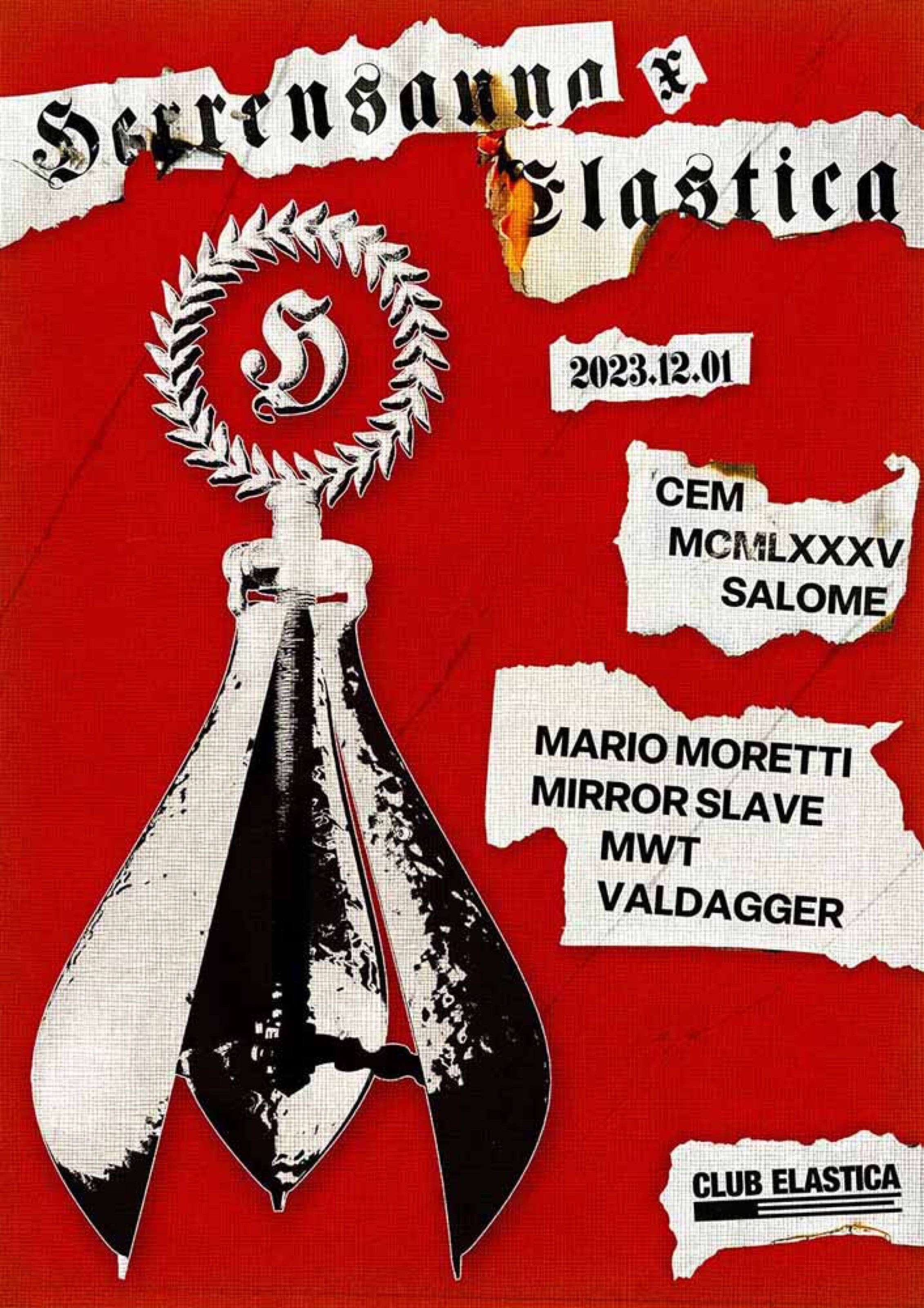 Herrensauna x Elastica poster with a black-and-white emblem on red