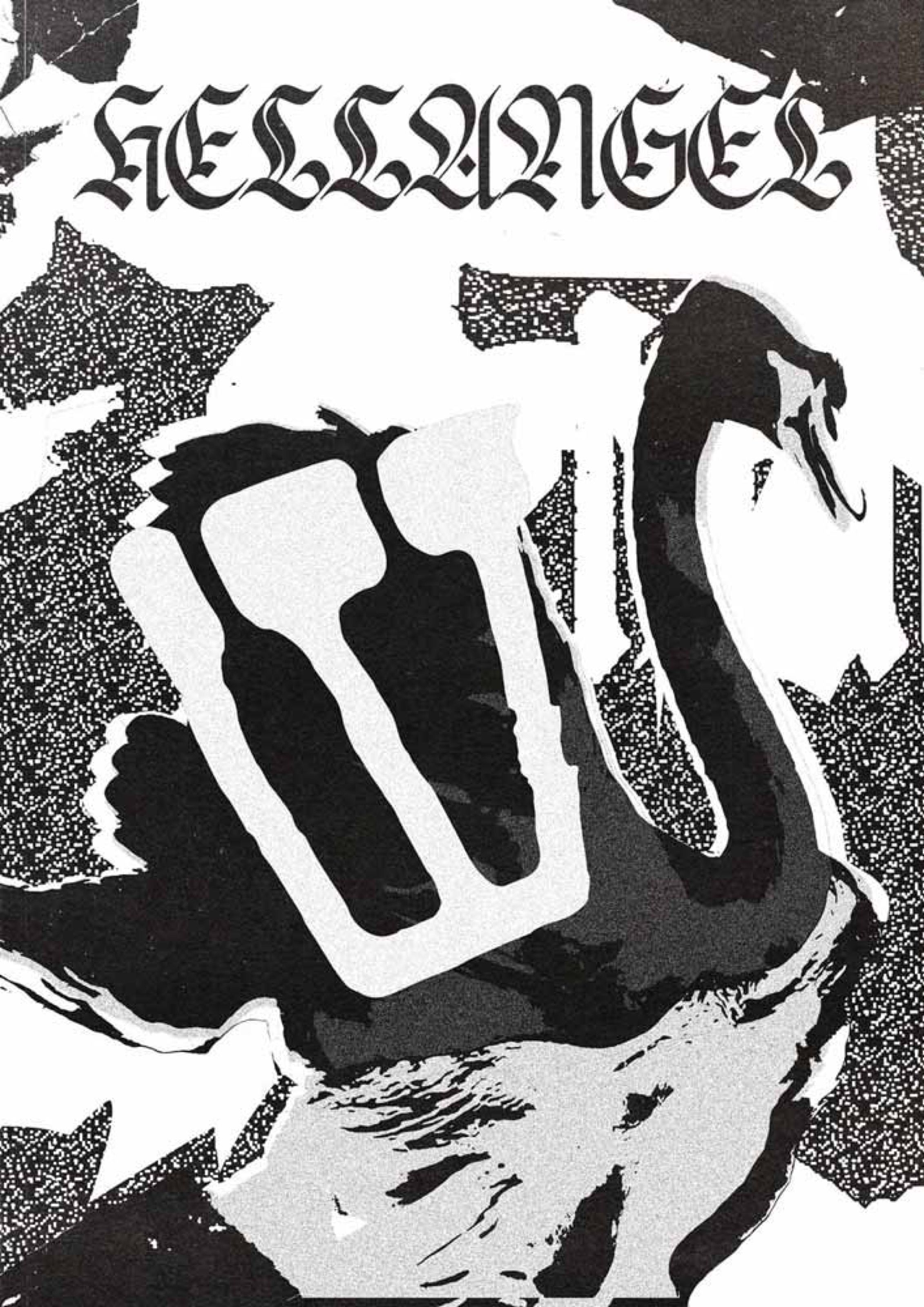 Black-and-white Hellangel poster with a swan and blackletter title