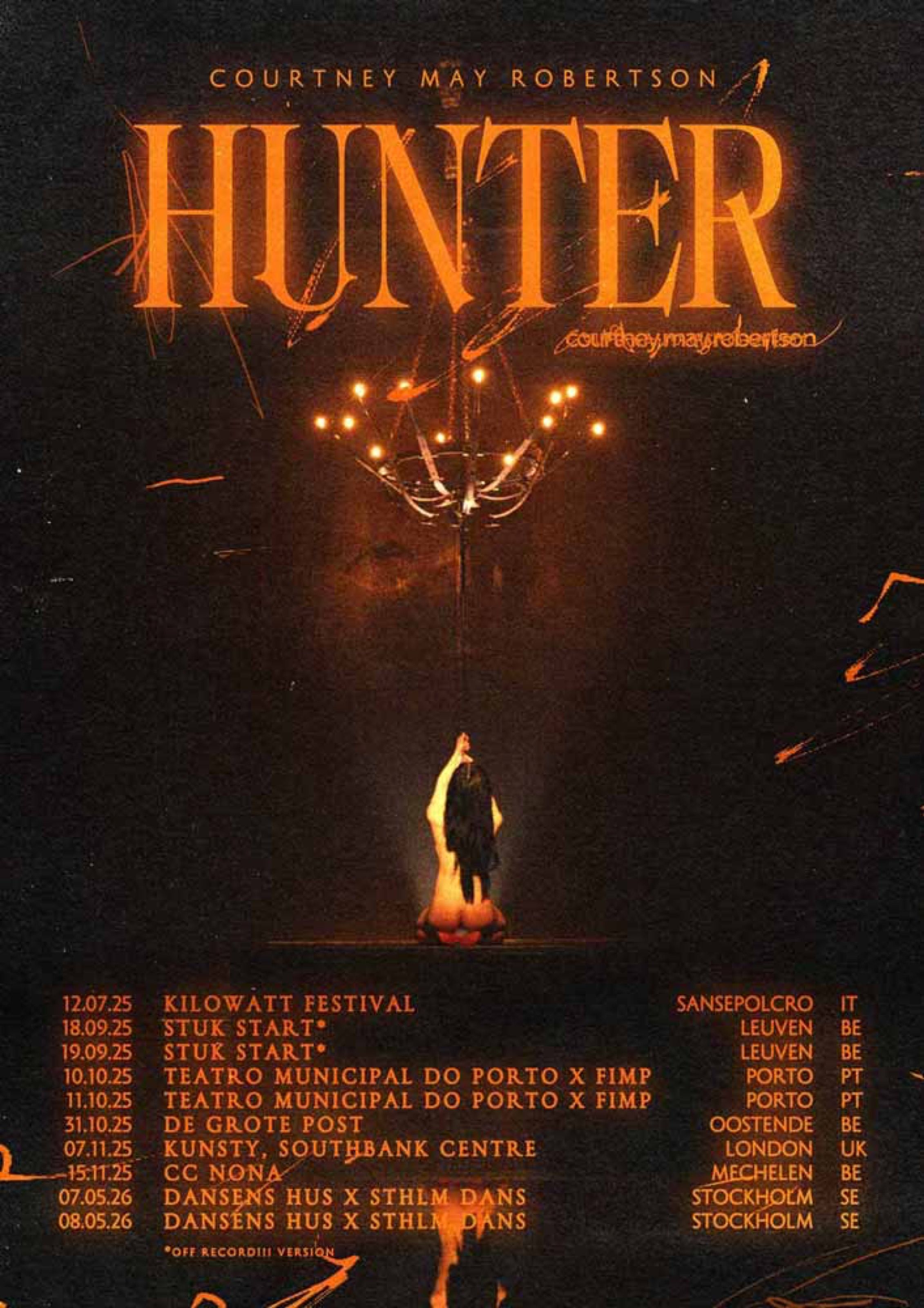 Hunter performance poster with a chandelier and flame in orange