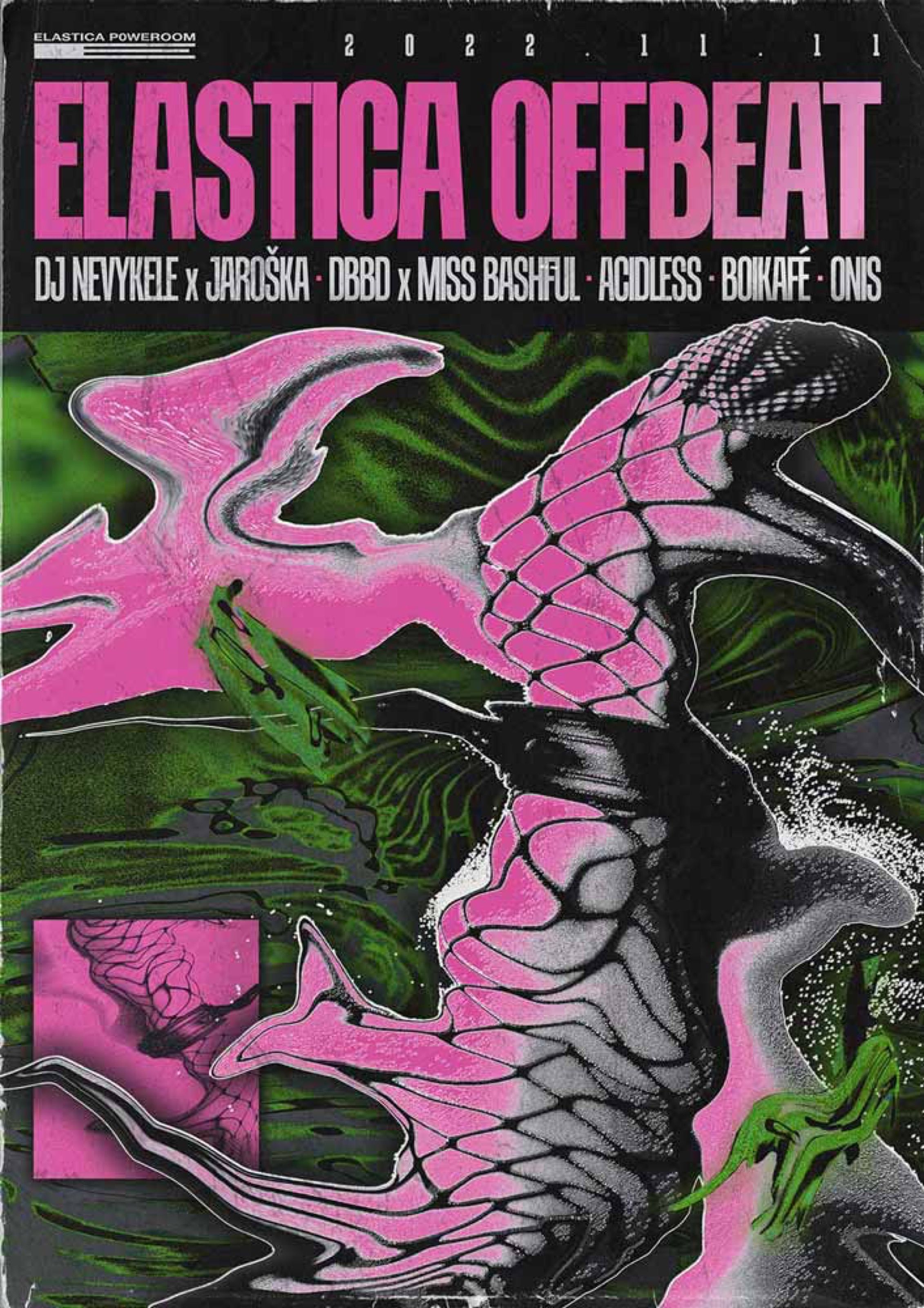 Elastica Offbeat poster with pink and green warped textures