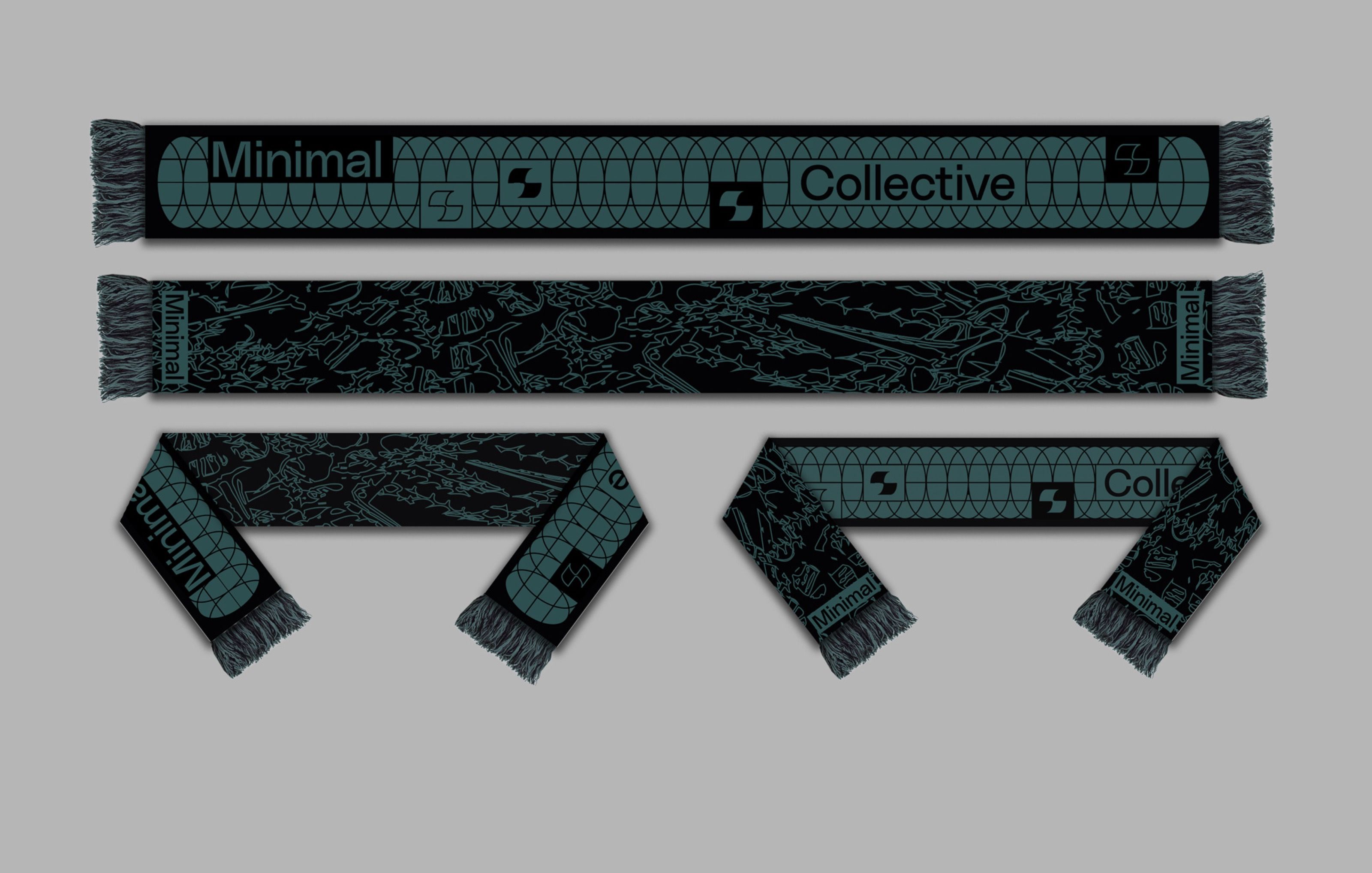 Four Minimal Collective scarves in dark green with outline patterns