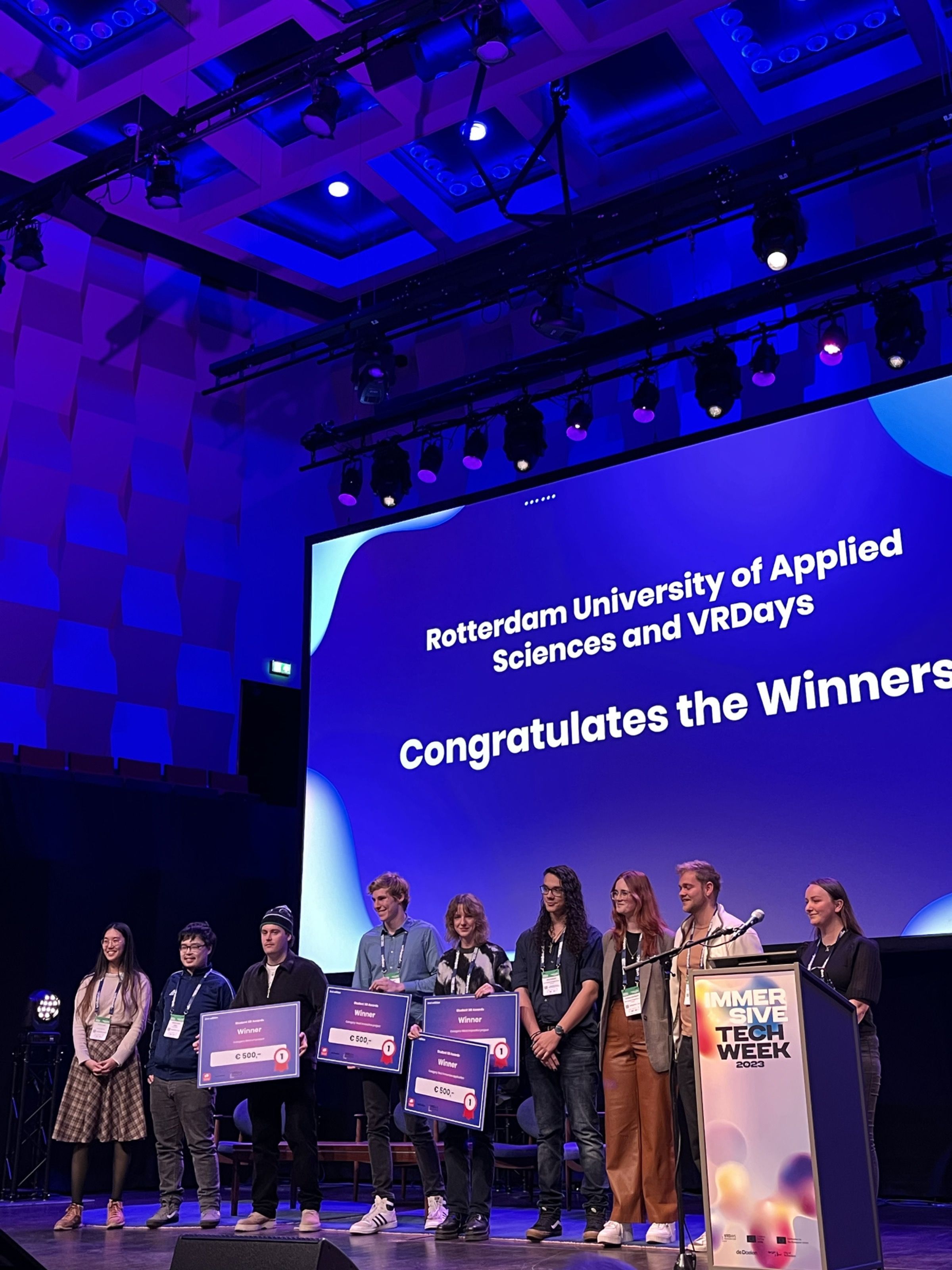 Winners on stage at Rotterdam University of Applied Sciences VRDays