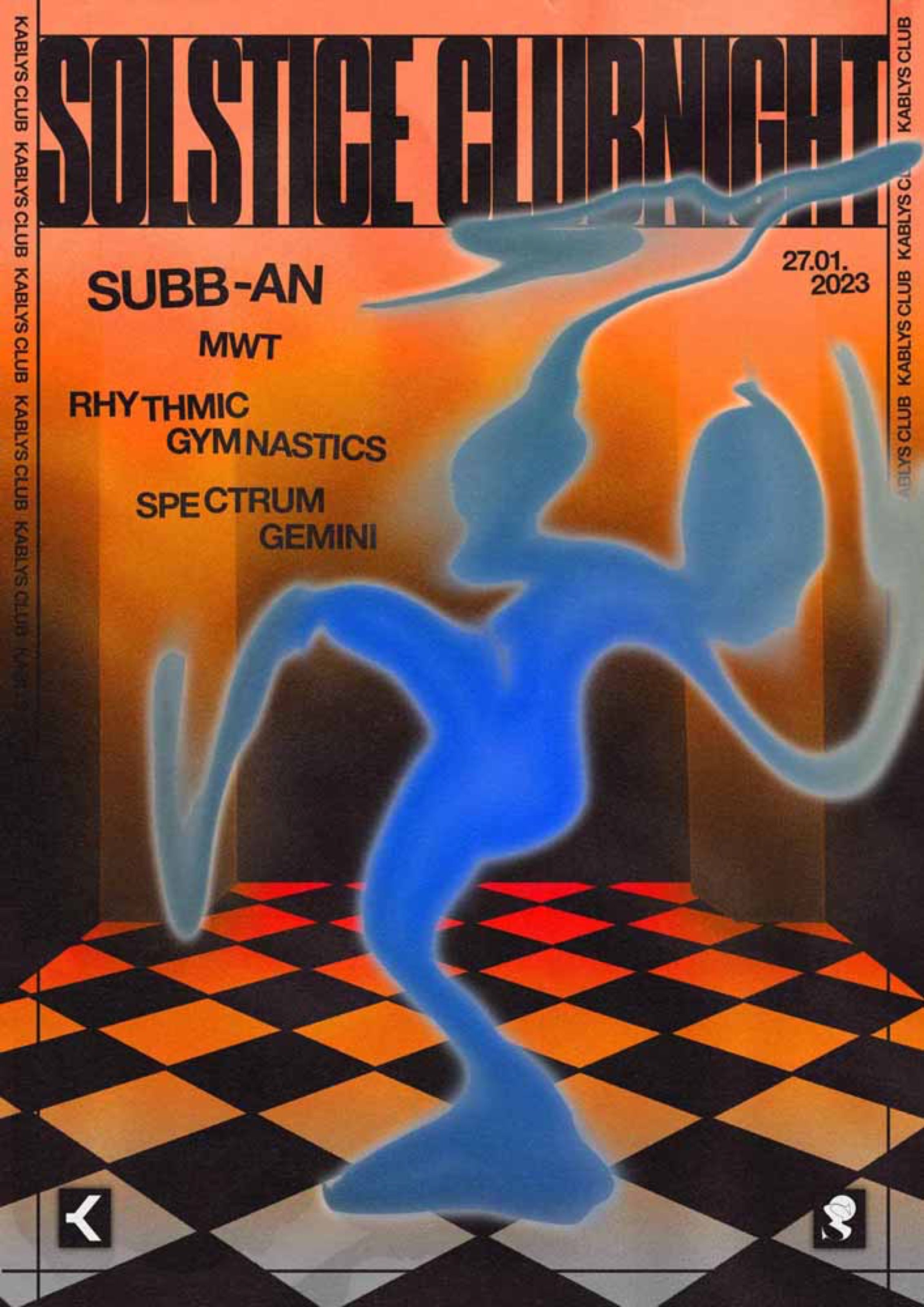 Solstice Clubnight poster with a blue dancing figure on an orange checkerboard