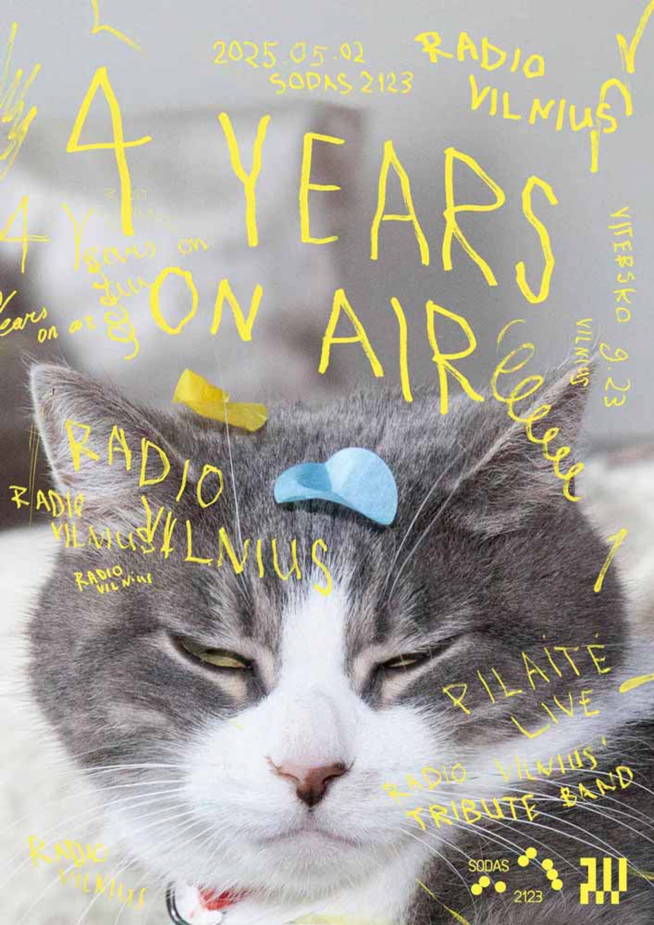 Radio Vilnius 4 Years On Air poster with a sleepy cat and yellow scribbles