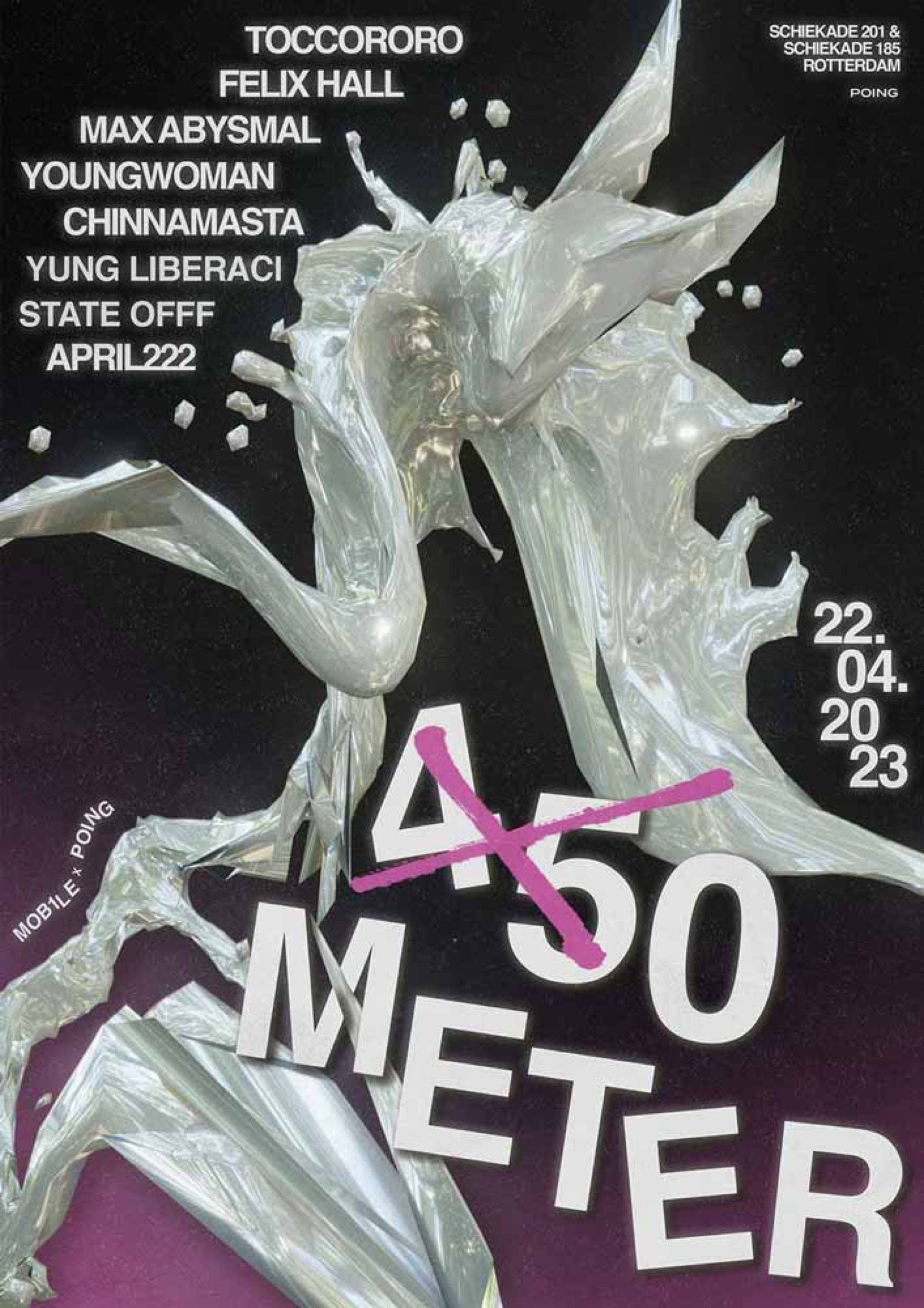 450 Meter poster with a silver liquid chrome form on black