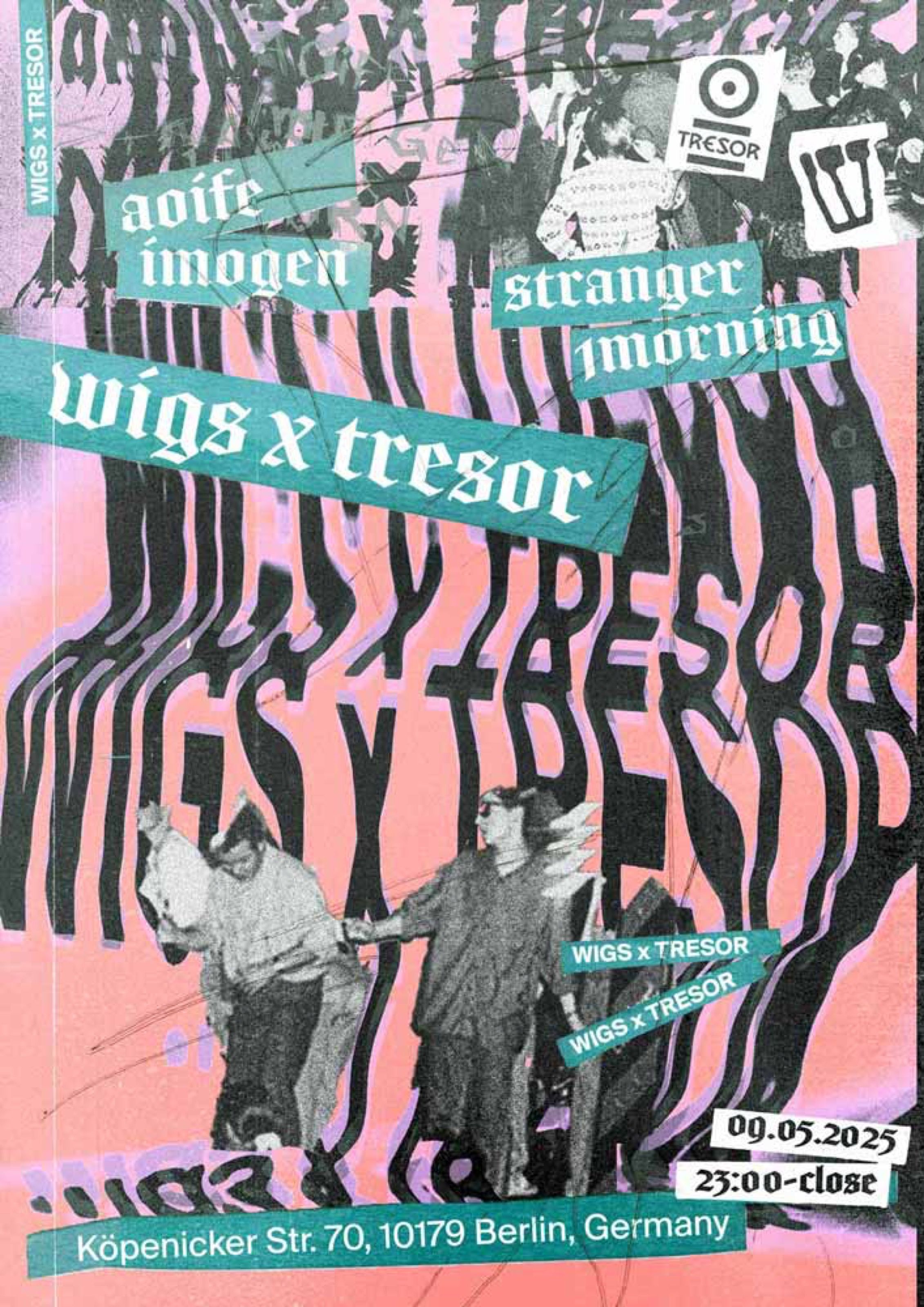 Wigs x Tresor poster with distorted striped type and a vintage photo, Berlin