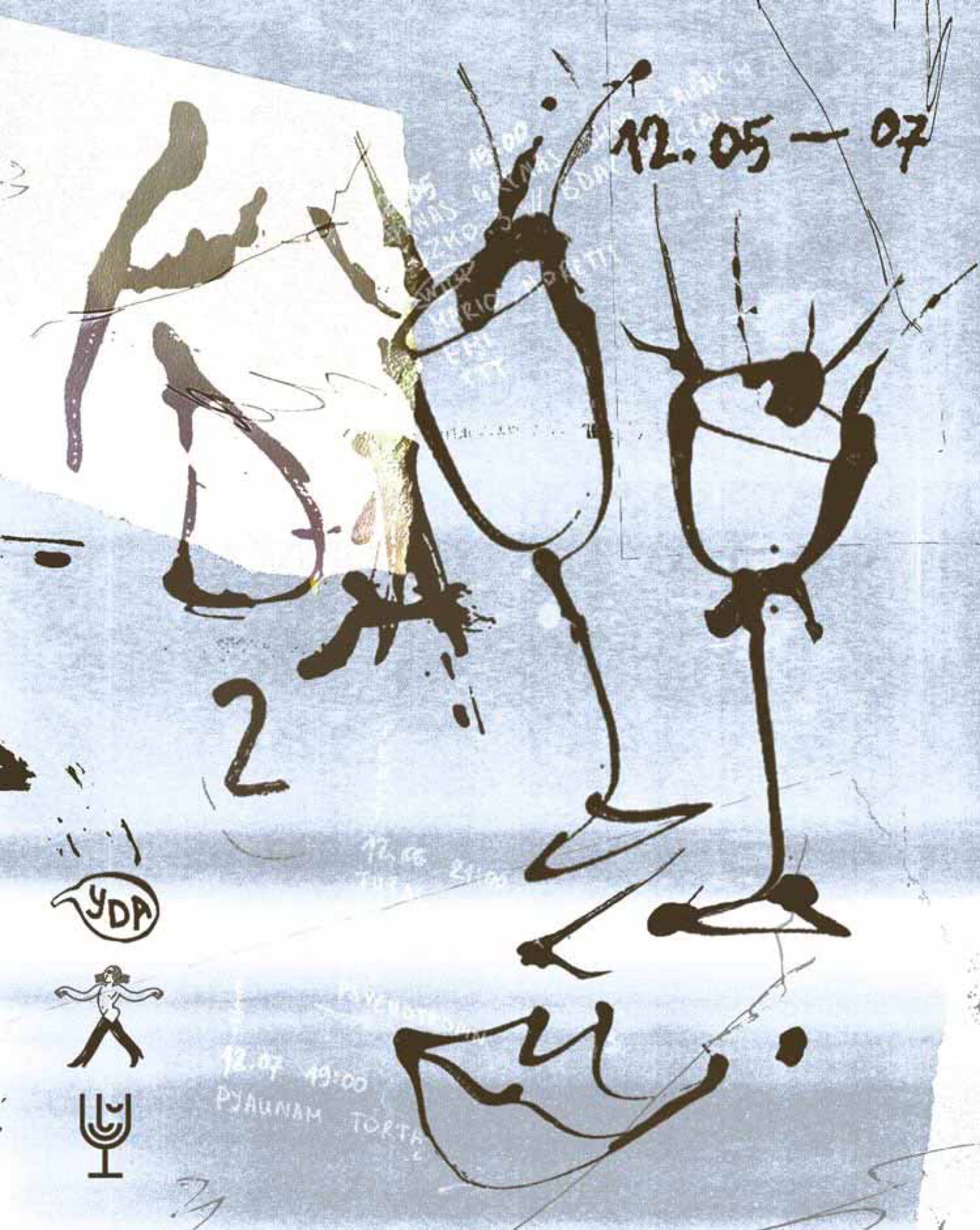 Pale blue poster with brown ink-blot drawings and handwritten date