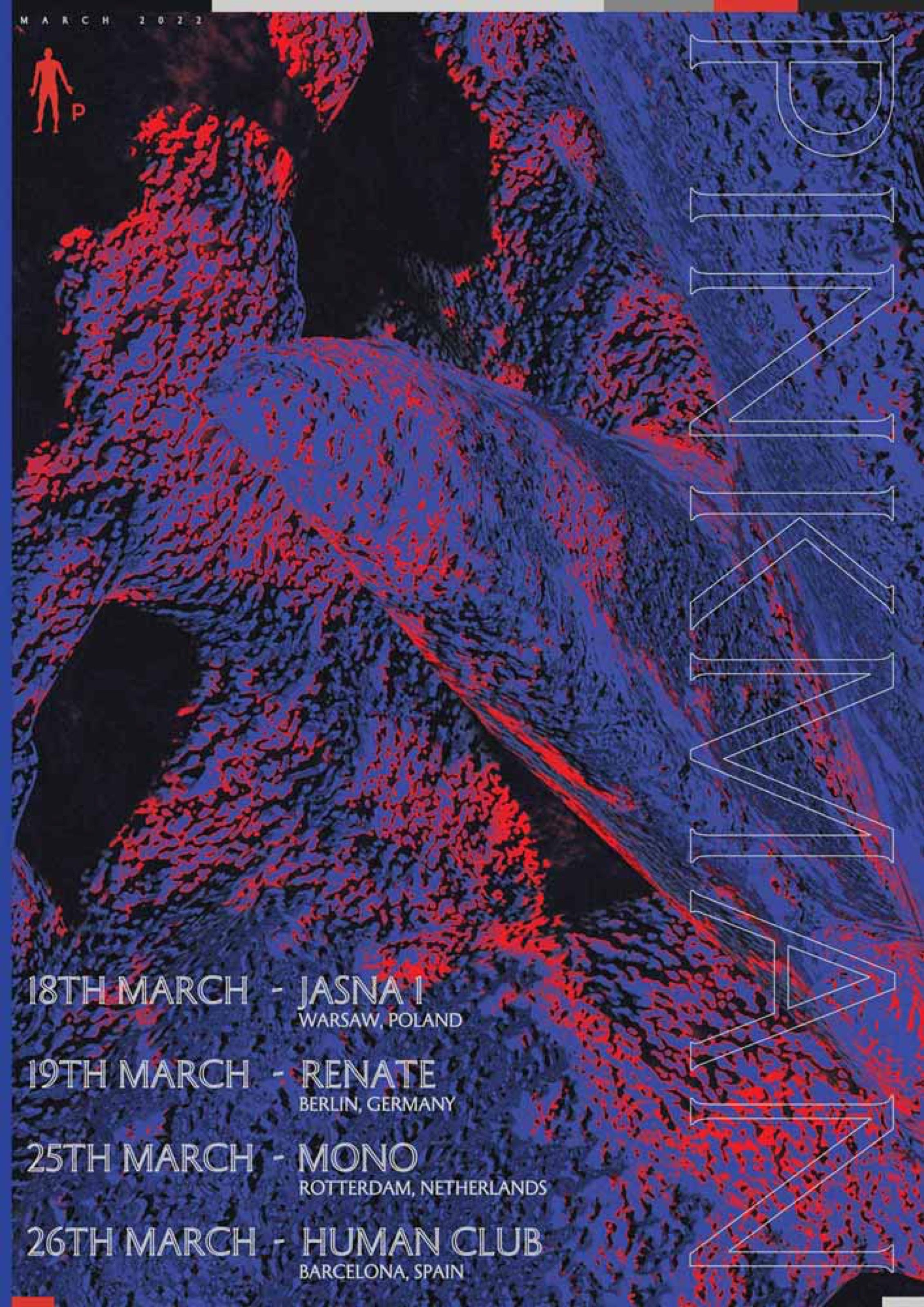 Pinkman tour poster with a red and blue textured form and March dates
