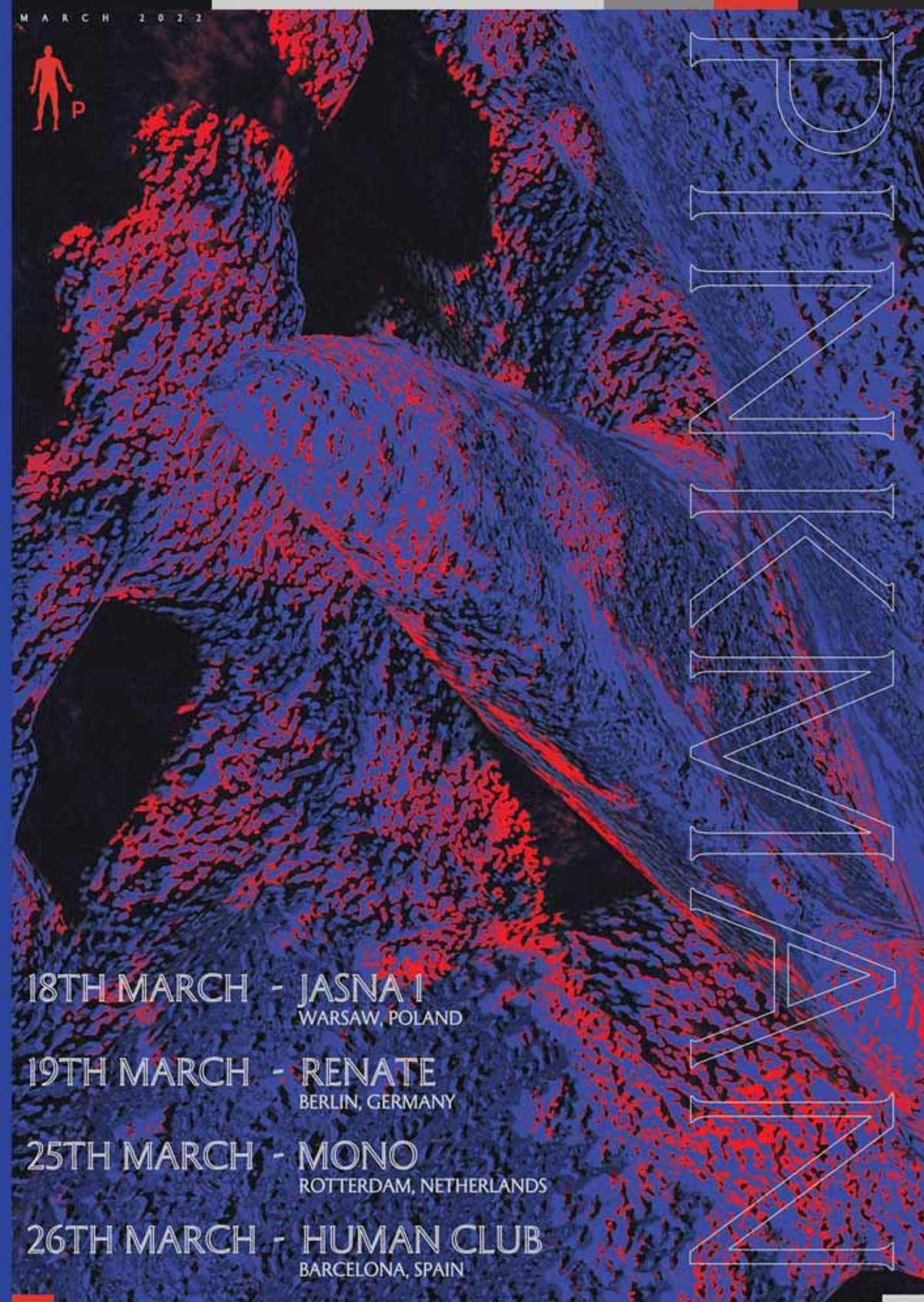 Pinkman tour poster with a red and blue textured form and March dates