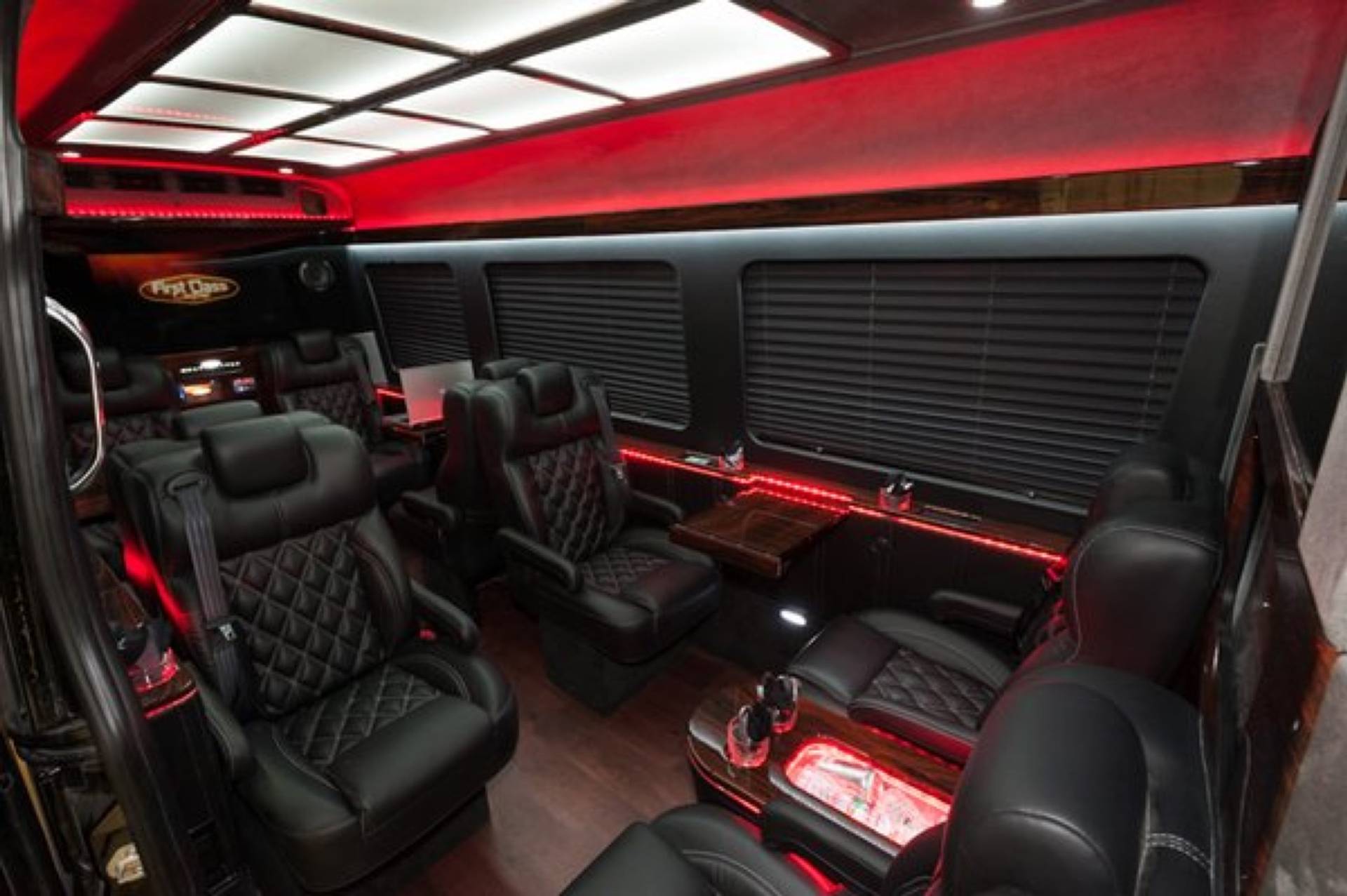 Sprinter limousine interior with red mood lighting