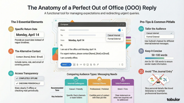 Infographic titled 'The Anatomy of a Perfect Out of Office (OOO) Reply' outlining three essential elements: a specific return date, an alternative contact, and access transparency. It includes pro-tips like tailoring messages for internal vs. external audiences, keeping length to 50–100 words, and avoiding personal 'journal entry' details.