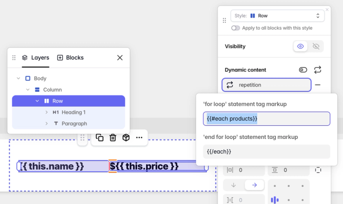 Example of adding a list of products in a Tabular email using Handlebars' #each syntax.