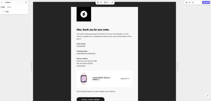 Order delivered email template built with Tabular’s email template builder.