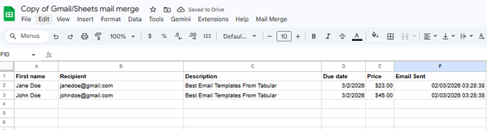A screenshot displaying the Google Sheets Mail Merge with Email Sent dates.
