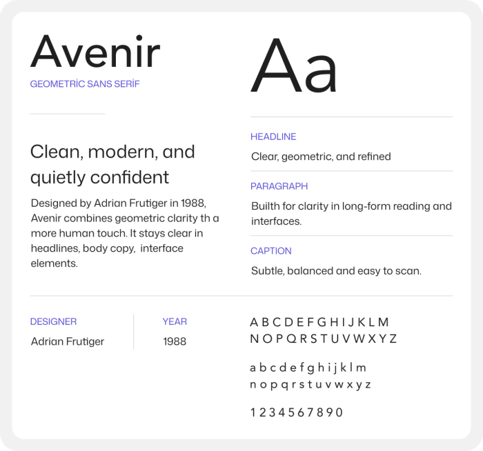 Avenir font in various font weights.