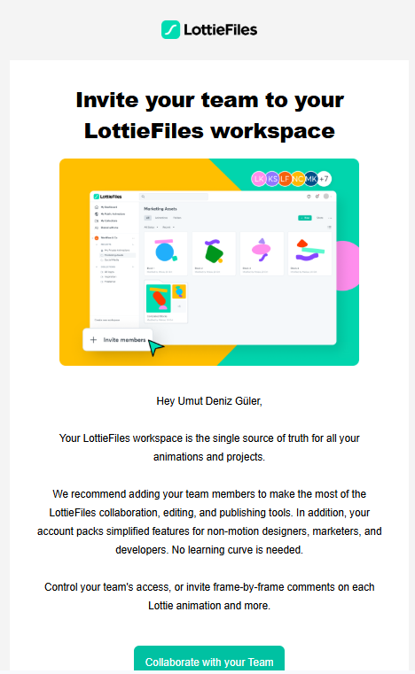 LottieFiles invite a teammember email.