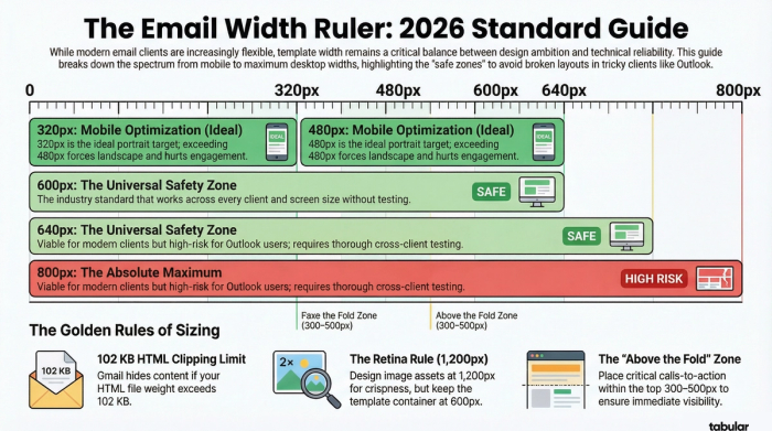 Infographic titled 'The Email Width Ruler' showing 2026 standards: 320px-480px for mobile optimization, 600px as the universal safety zone, and 800px as high-risk for Outlook. Includes the 102KB Gmail clipping limit and the 1,200px retina image rule.