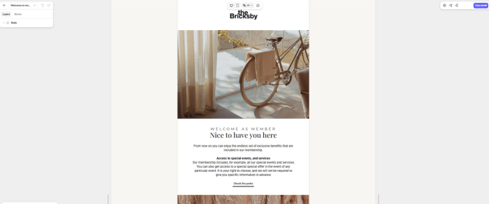A welcome email template built by Tabular's drag and drop email builder.