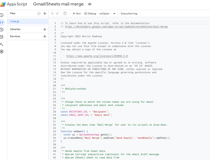 A screenshot displaying the script for sending mass personalized emails on Gmail using Google Sheets and Mail Merge.