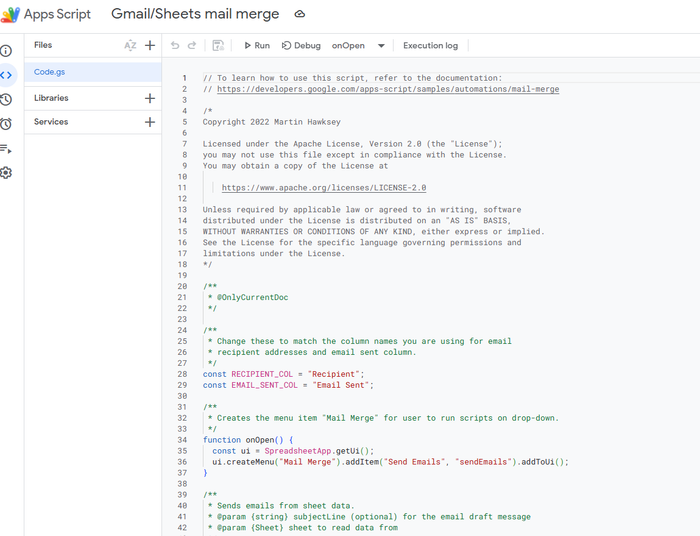 A screenshot displaying the script for sending mass personalized emails on Gmail using Google Sheets and Mail Merge.