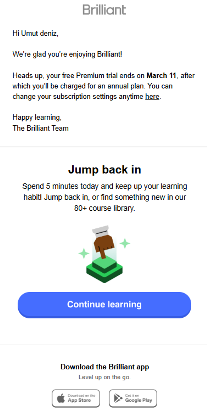 Brilliant's Ending Trial Reminder Email