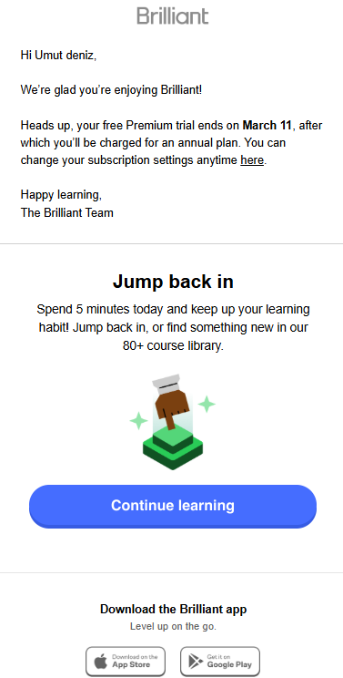Brilliant's Ending Trial Reminder Email
