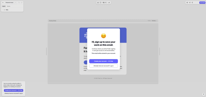 Drag-and-drop transactional email editor interface featuring a sign-up prompt and desktop preview mode for custom HTML email design.