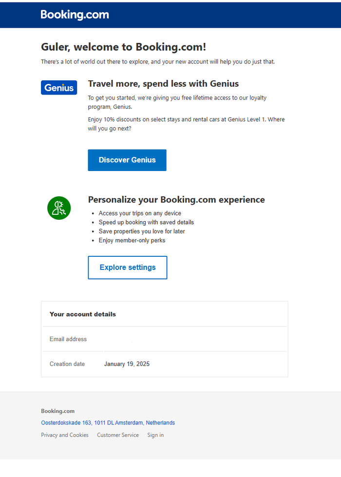 Booking onbarding email example.